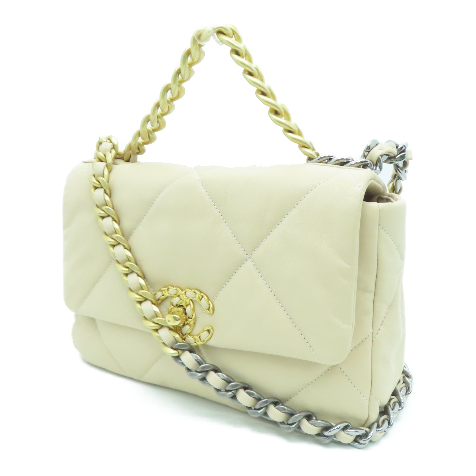 CHANEL 菱格牛皮皮革Chain Shoulder金银扣链带手挽肩背两用袋米色
