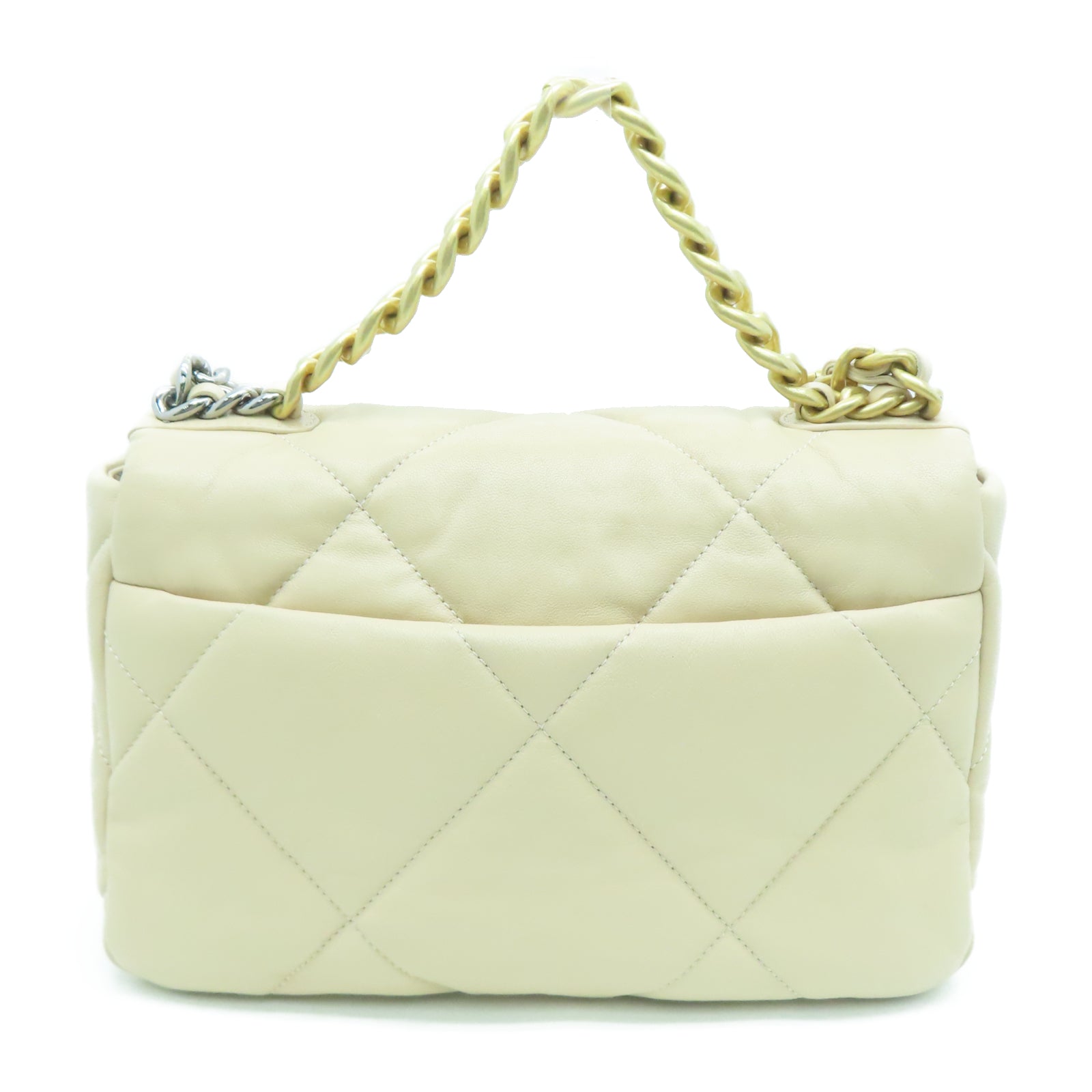 CHANEL 菱格牛皮皮革Chain Shoulder金银扣链带手挽肩背两用袋米色