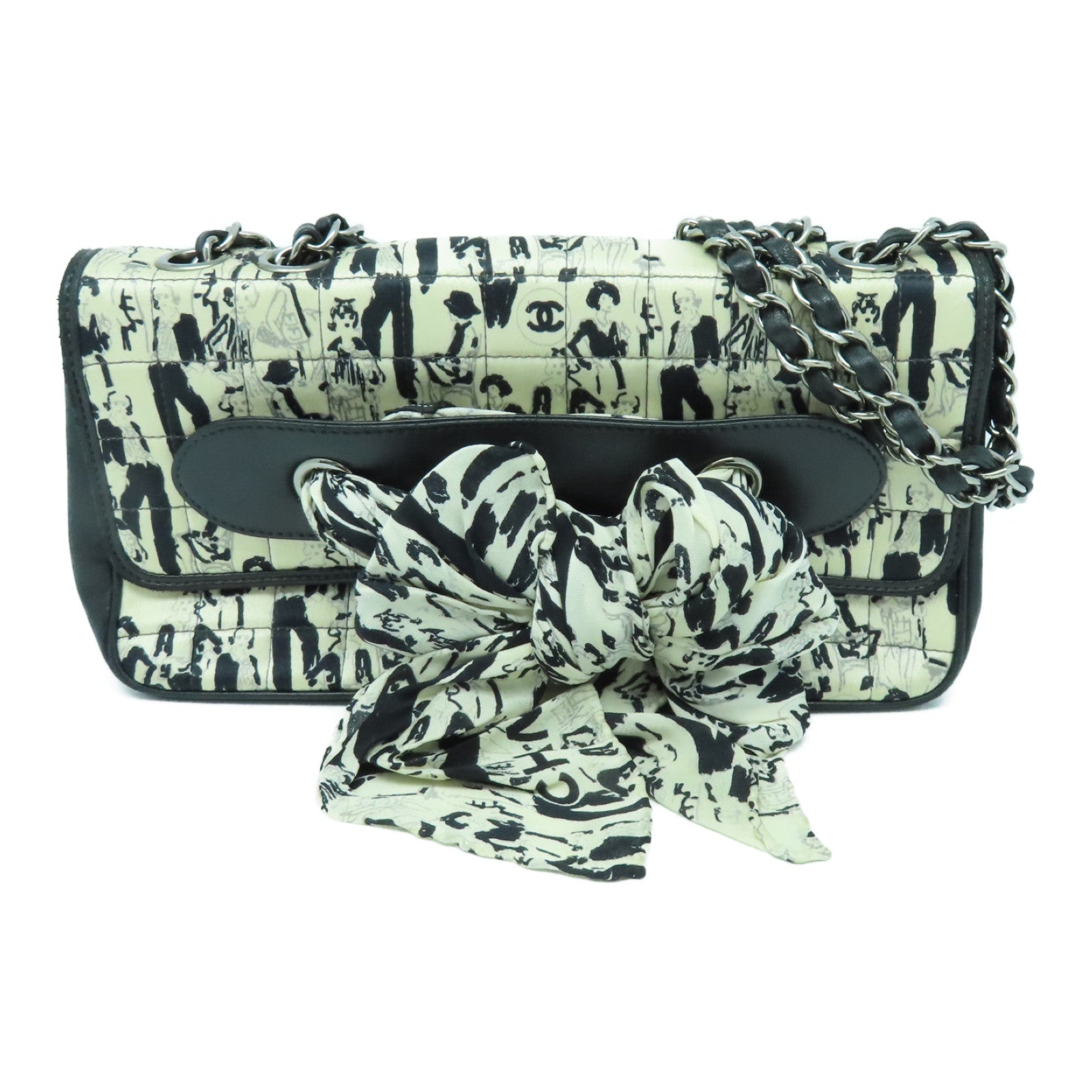 CHANEL Nylon Vintage Chain Shoulder Silver Buckle Chain Shoulder Bag White Black