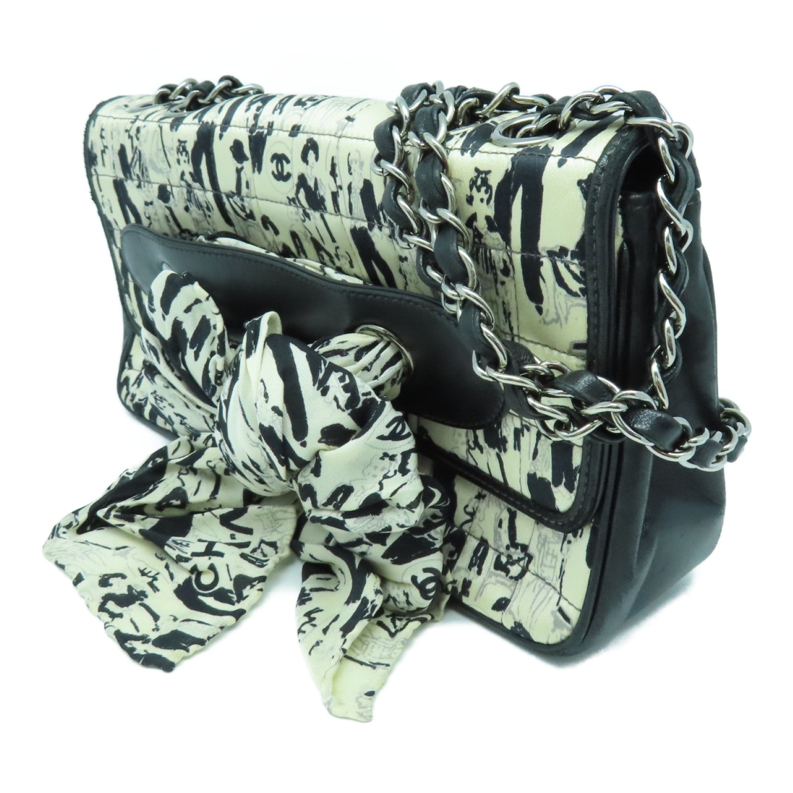 CHANEL Nylon Vintage Chain Shoulder Silver Buckle Chain Shoulder Bag White Black