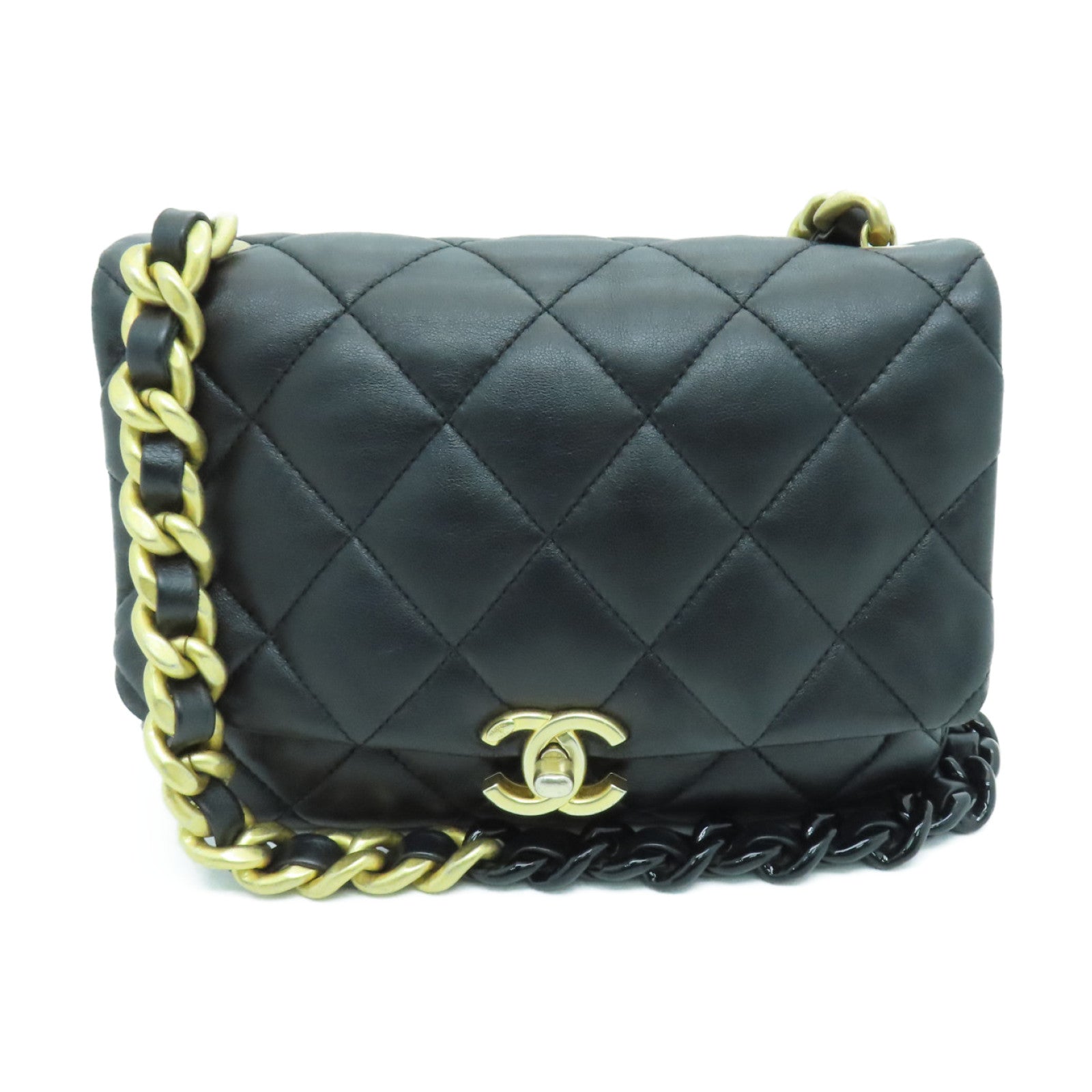 CHANEL rhombus sheepskin leather Small Flap Bag gold buckle chain shoulder bag black