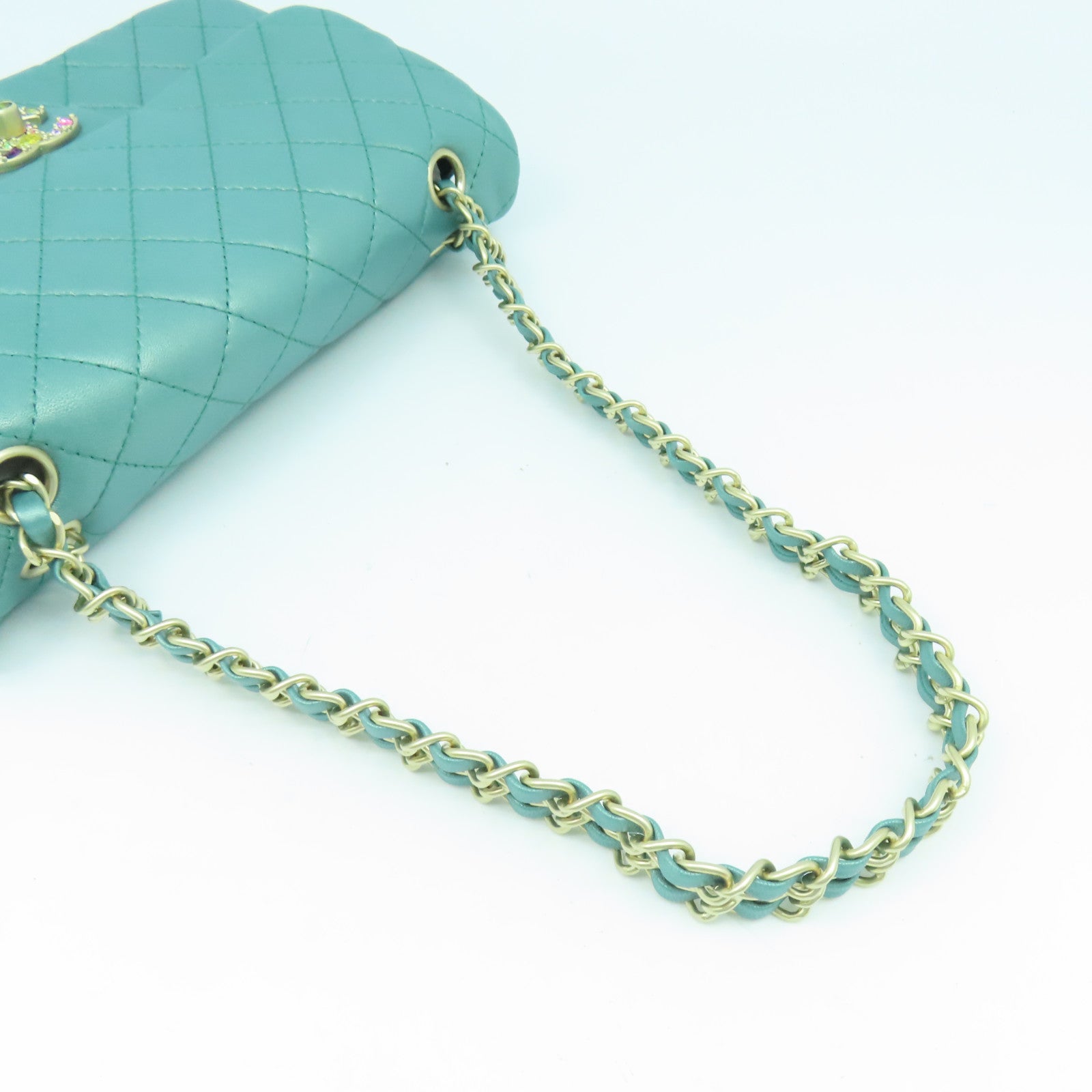 CHANEL 菱格牛皮皮革Chain Shoulder金扣鏈帶肩背袋綠色