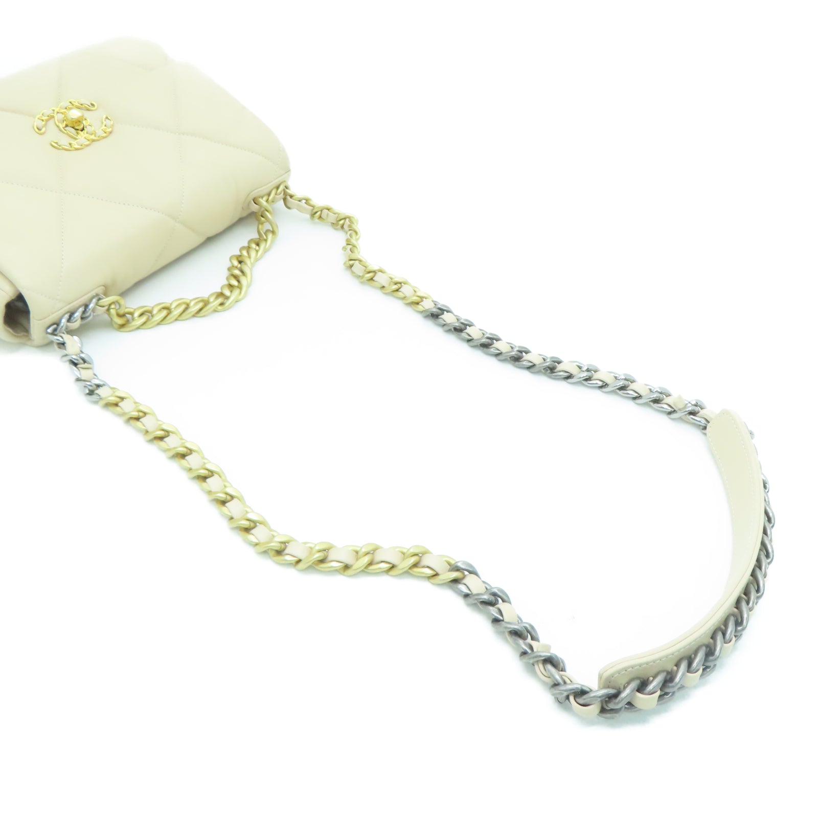 CHANEL 菱格牛皮皮革Chain Shoulder金银扣链带手挽肩背两用袋米色