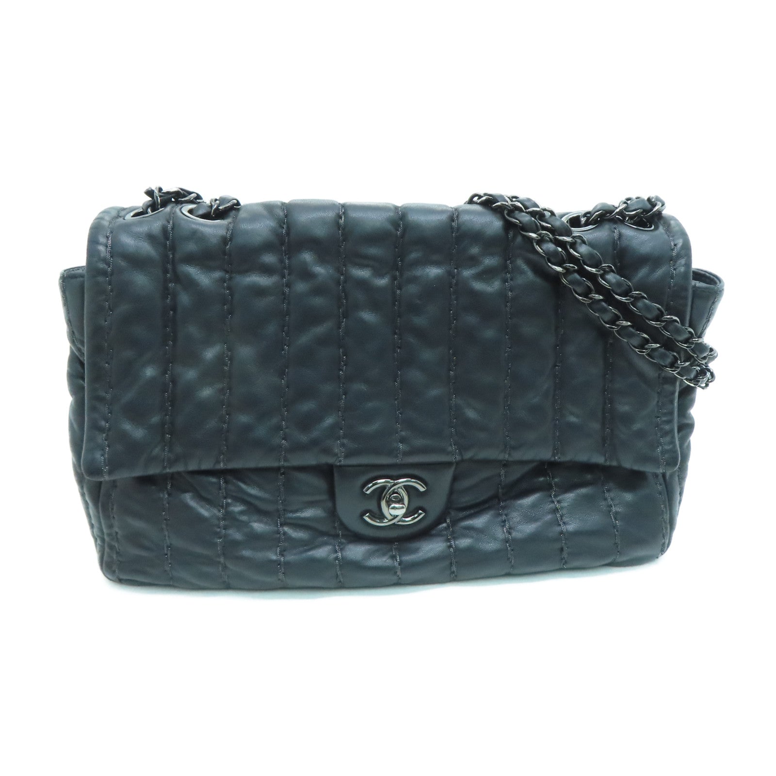 CHANEL 羊皮皮革Chain Shoulder Bag銀扣鏈帶肩背袋黑色
