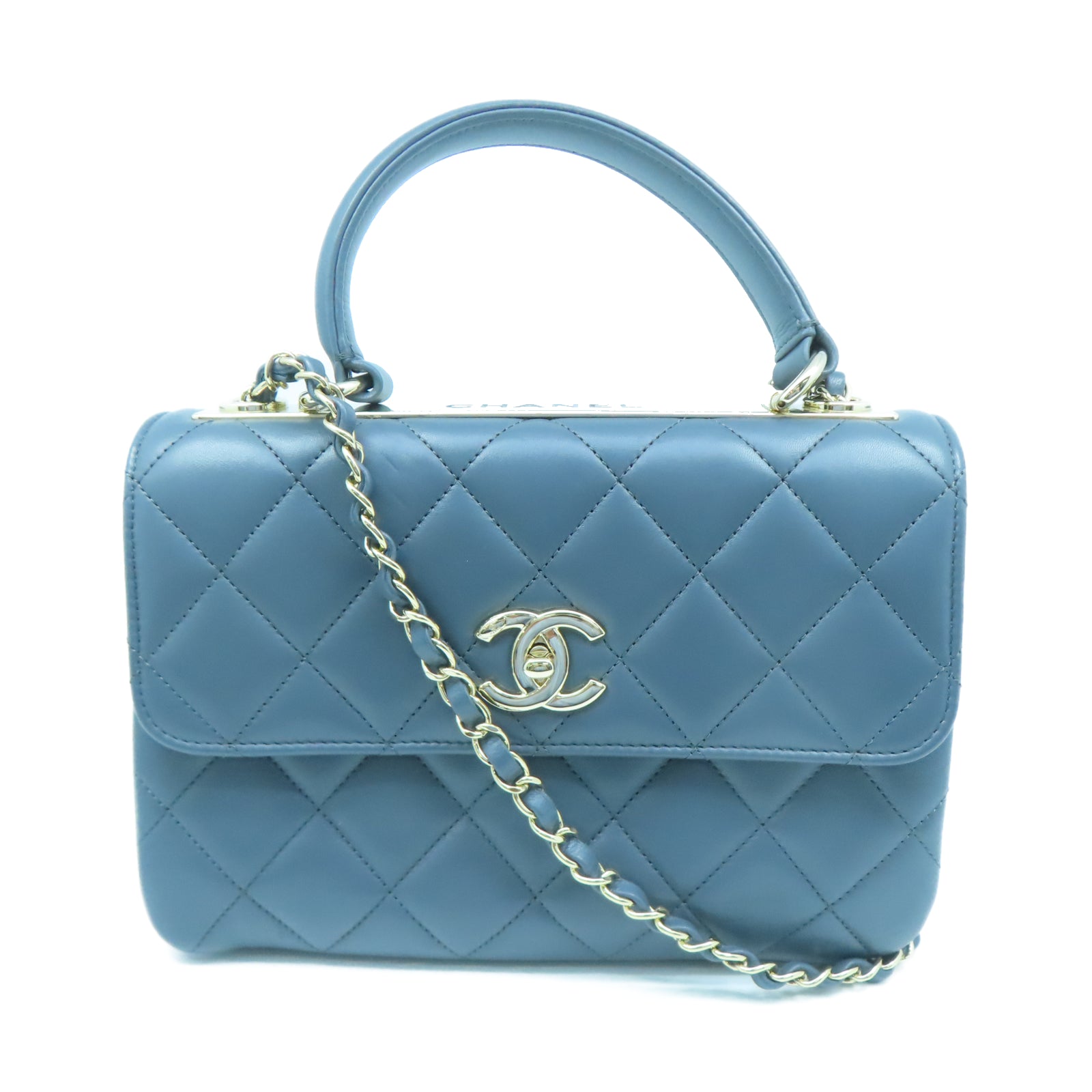 CHANEL 菱格羊皮皮革2 Way Shoulder金扣鏈帶肩背袋藍色