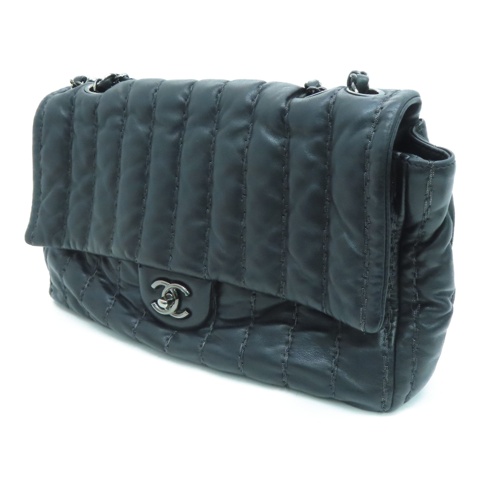 CHANEL 羊皮皮革Chain Shoulder Bag銀扣鏈帶肩背袋黑色