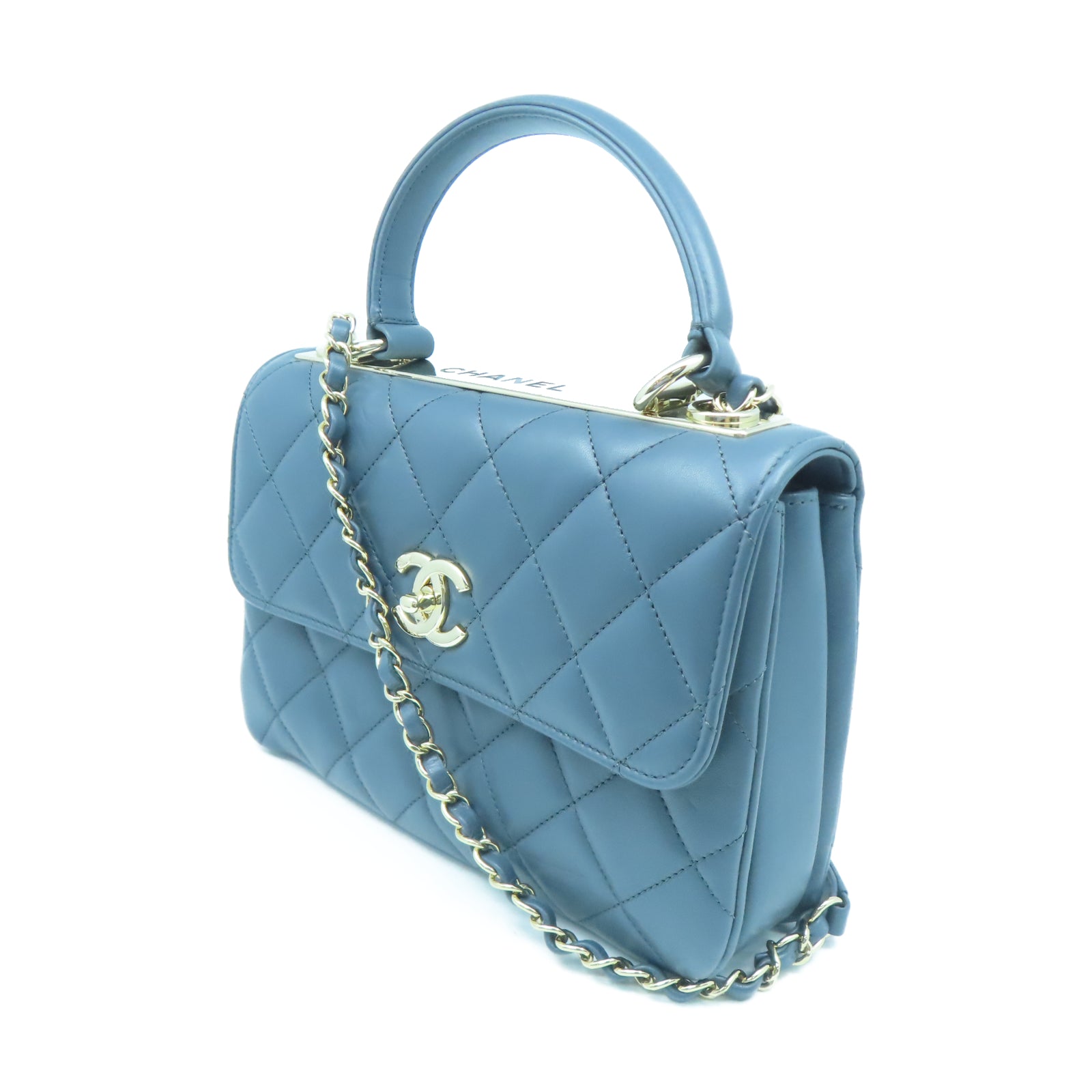 CHANEL 菱格羊皮皮革2 Way Shoulder金扣鏈帶肩背袋藍色