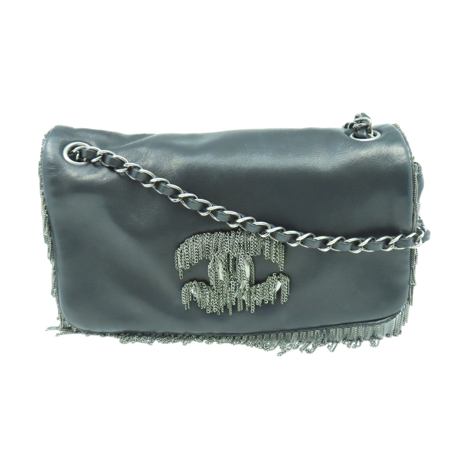 CHANEL 羊皮皮革Chain Shoulder金扣鏈帶肩背袋黑色