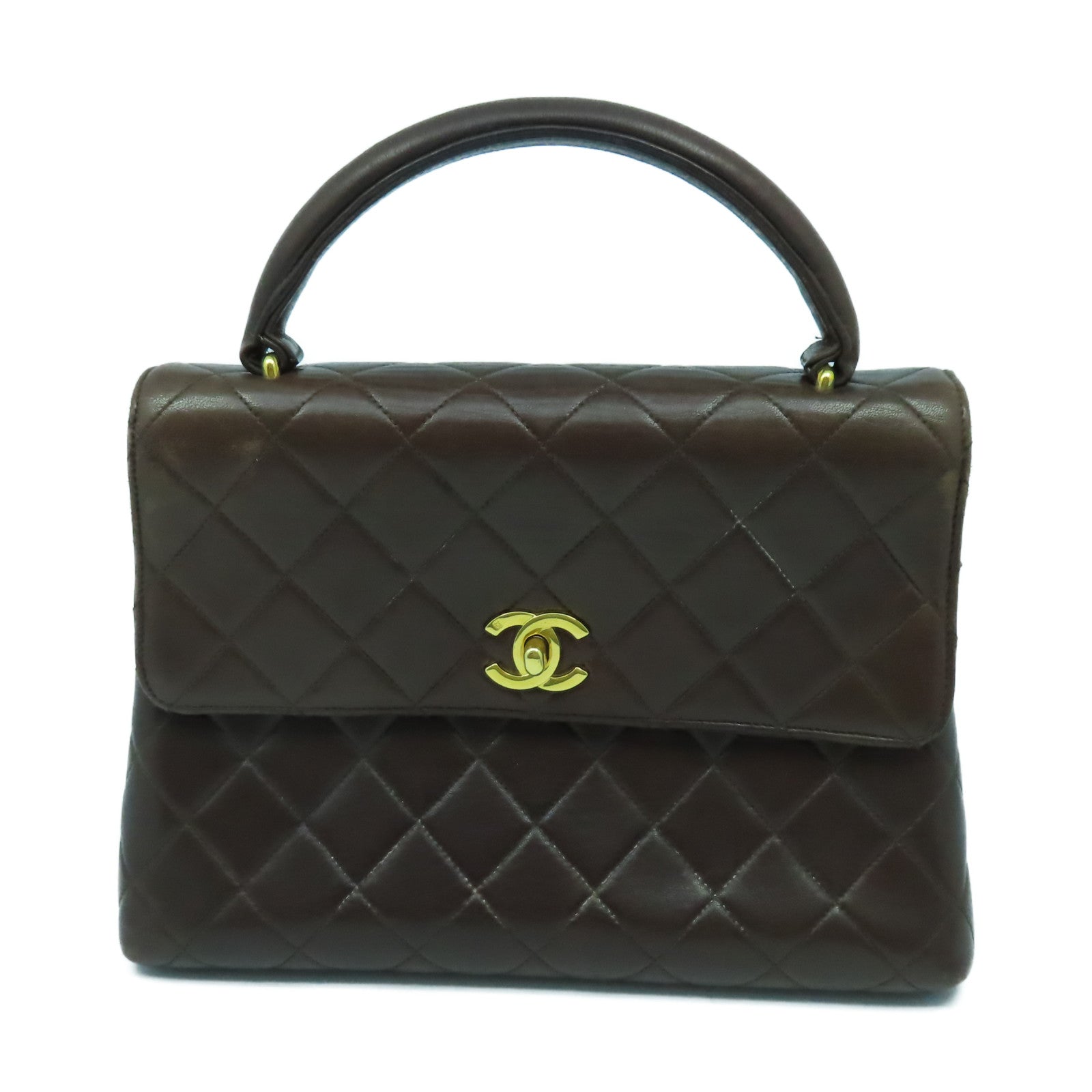 CHANEL 菱格羊皮皮革Handbag金扣手挽袋啡色