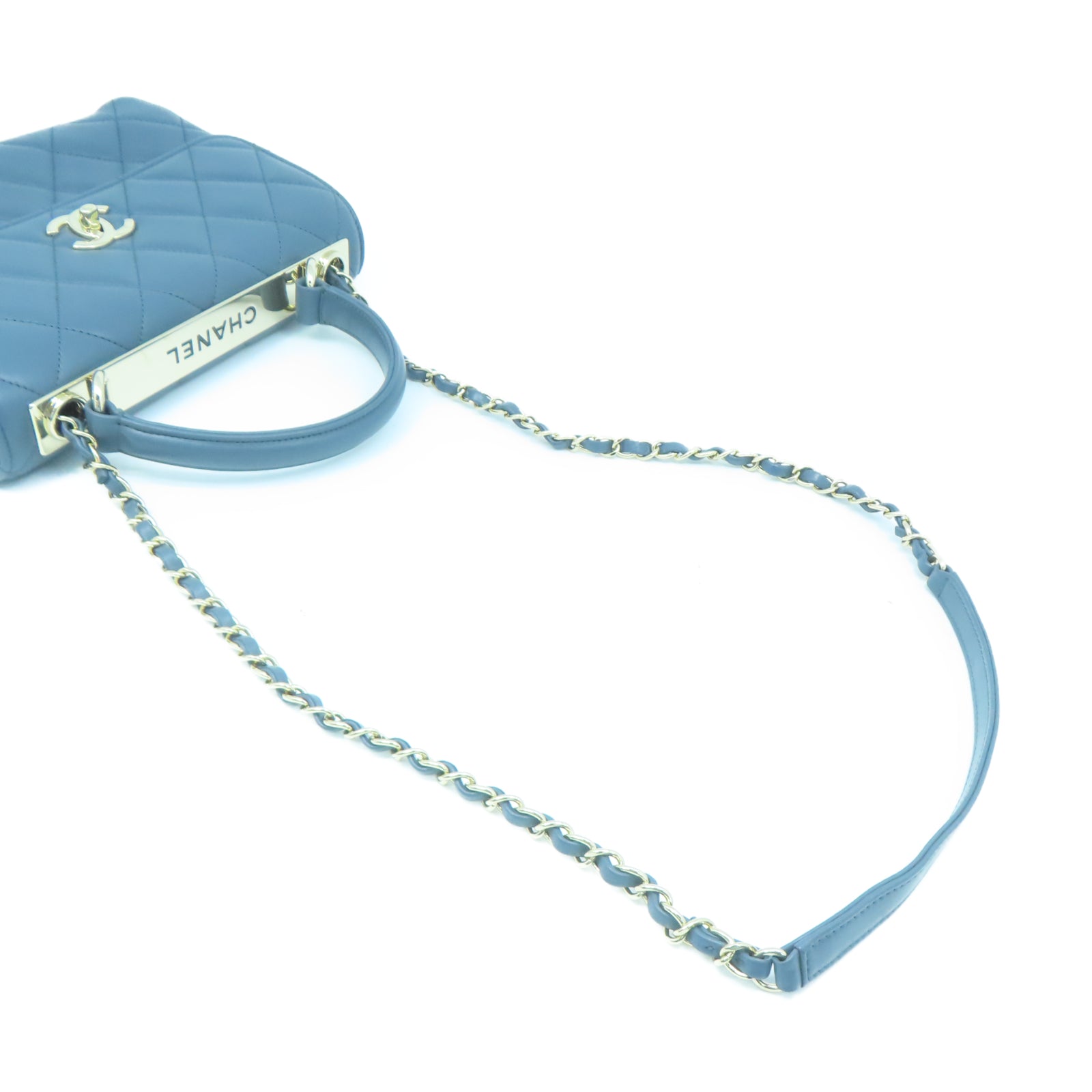 CHANEL 菱格羊皮皮革2 Way Shoulder金扣鏈帶肩背袋藍色