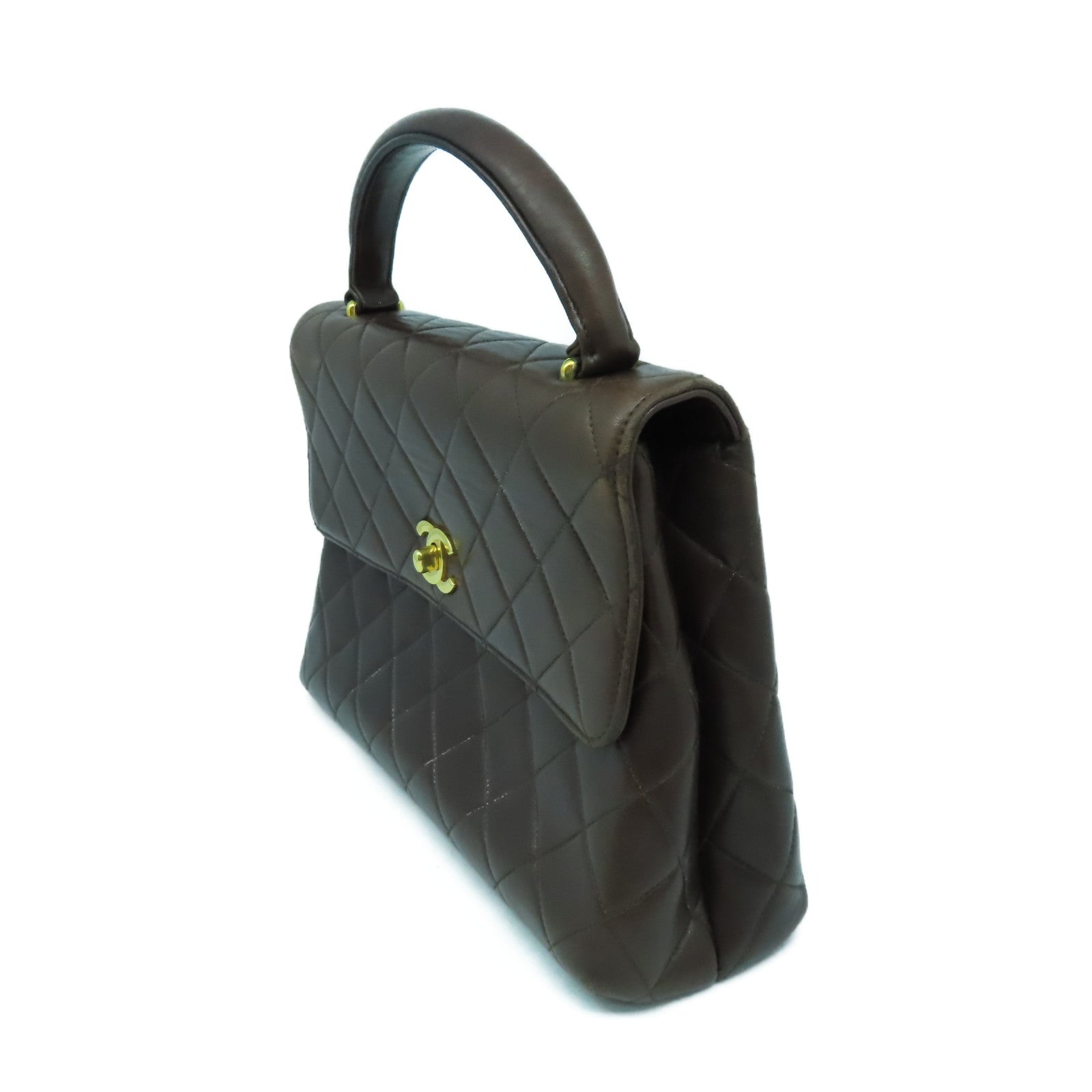 CHANEL 菱格羊皮皮革Handbag金扣手挽袋啡色
