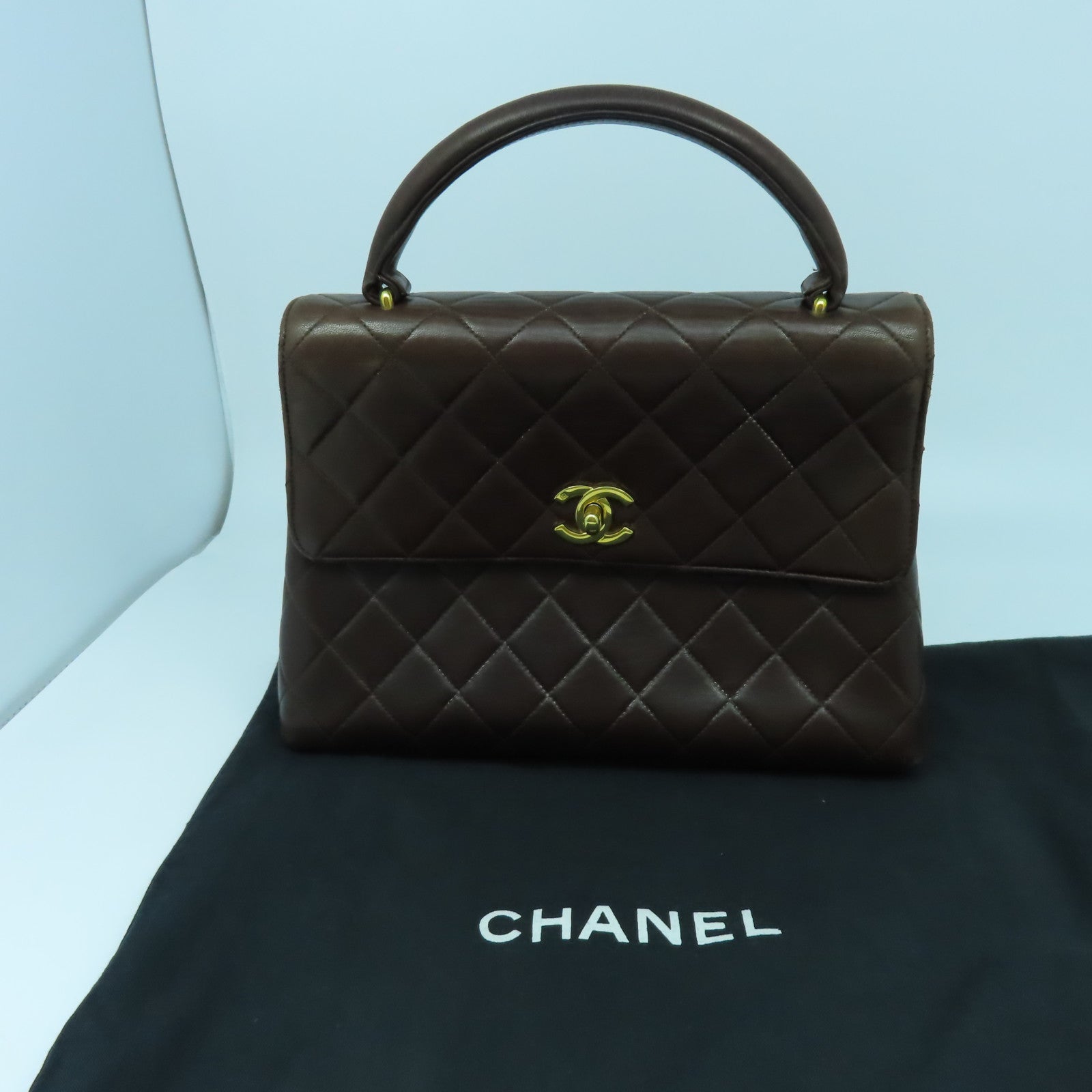 CHANEL 菱格羊皮皮革Handbag金扣手挽袋啡色
