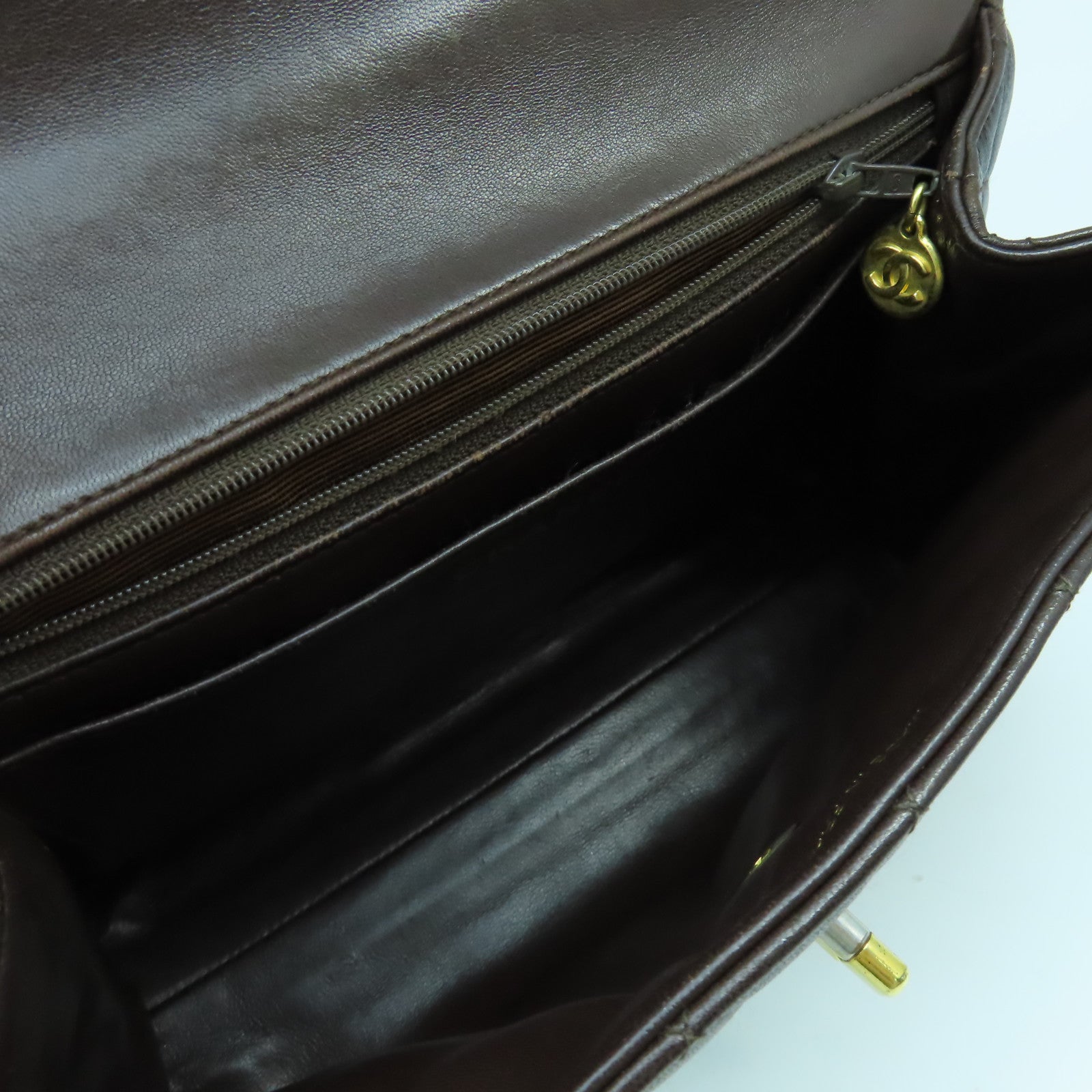 CHANEL 菱格羊皮皮革Handbag金扣手挽袋啡色