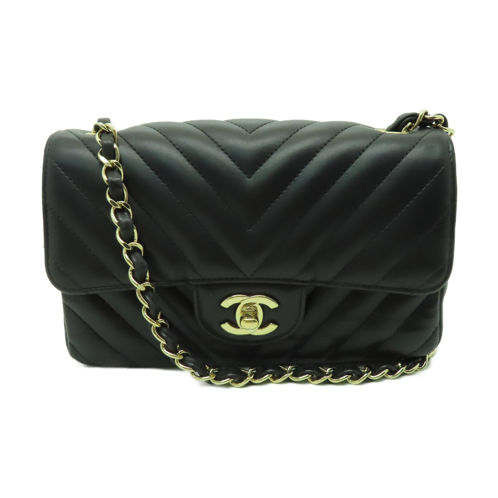 CHANEL 斜紋羊皮皮革Chain Shoulder金扣鏈帶肩背袋黑色