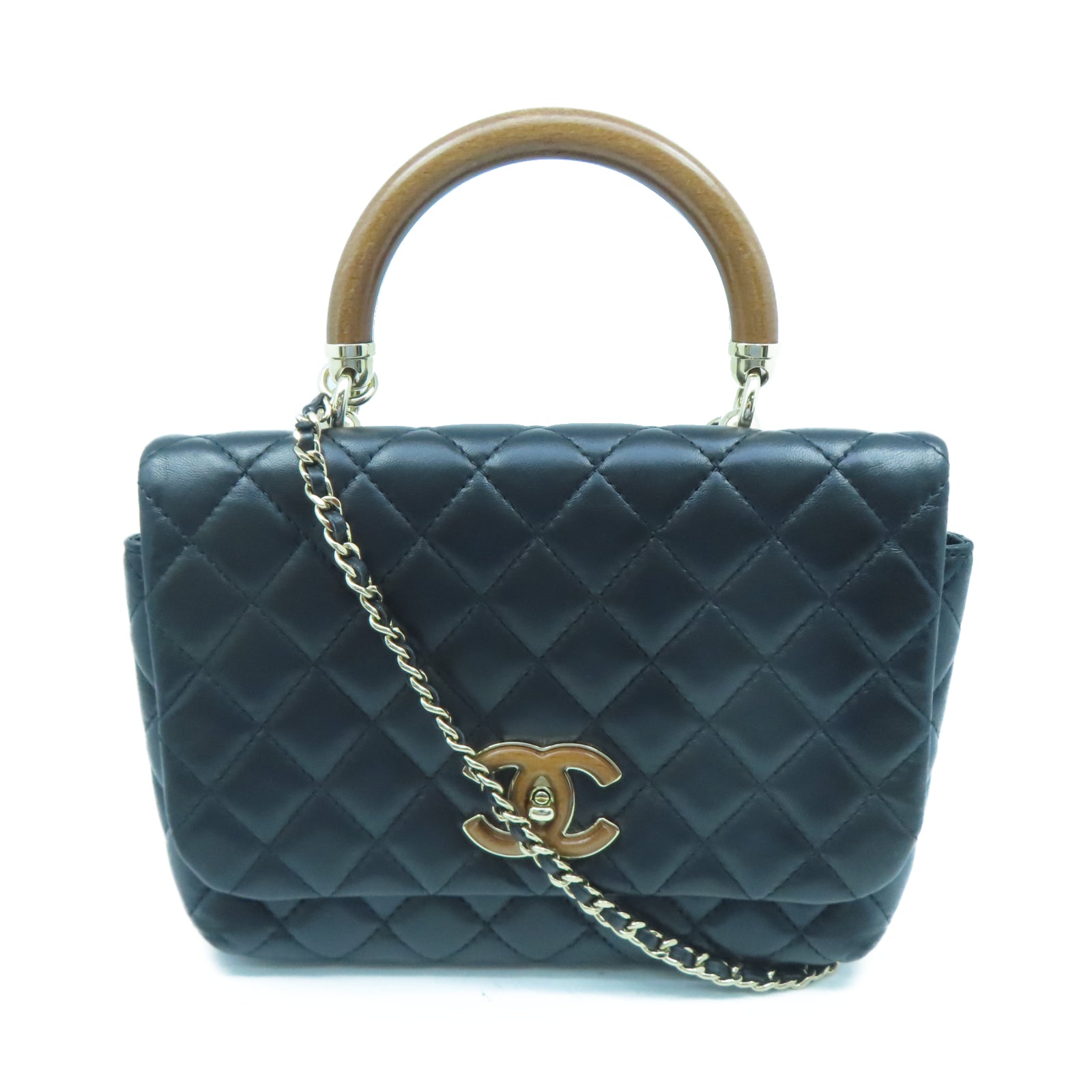 CHANEL 菱格羊皮皮革Chain Shoulder金扣鏈帶肩背袋黑色