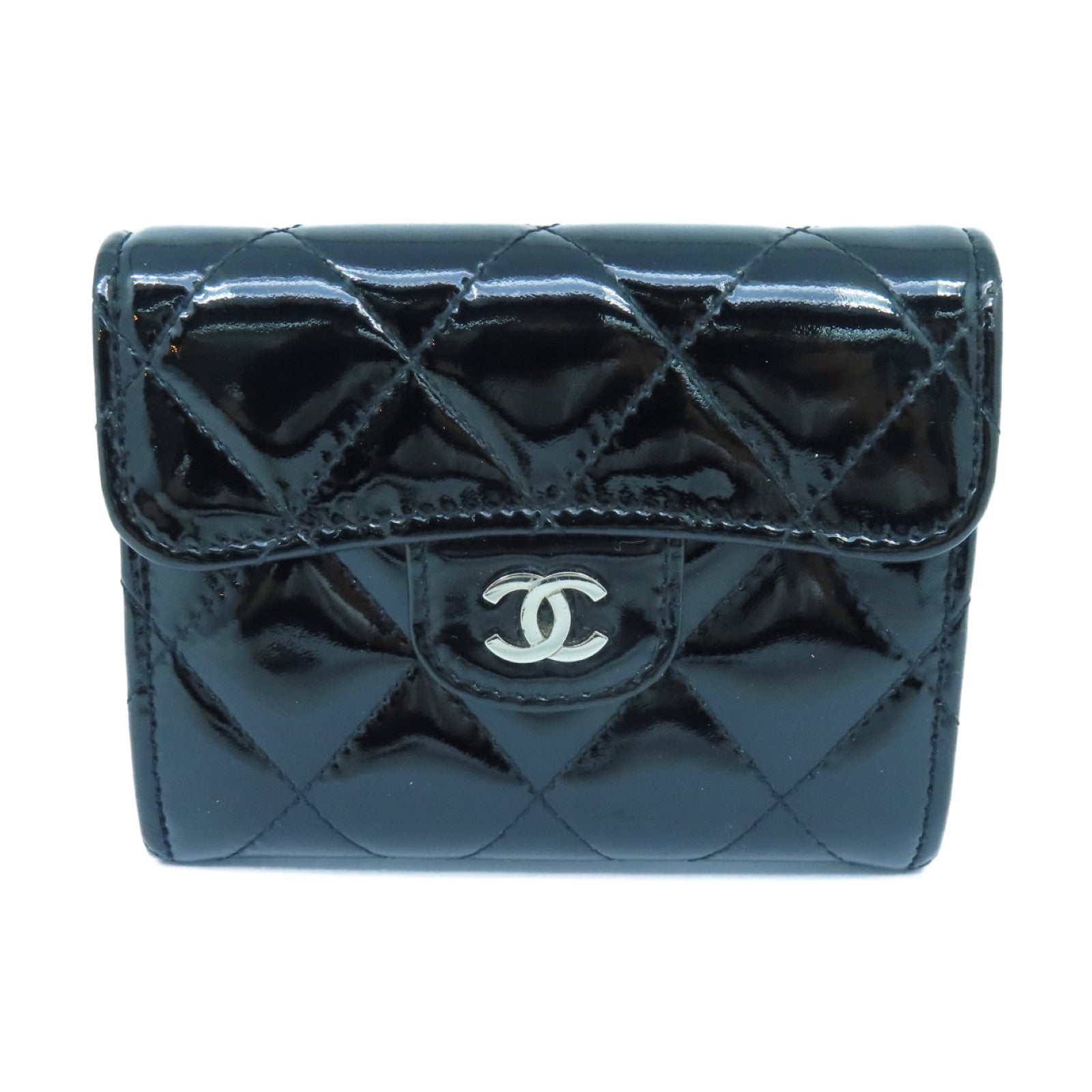 CHANEL Rhombus Patent Leather Card Case Silver Buckle Card Holder Black