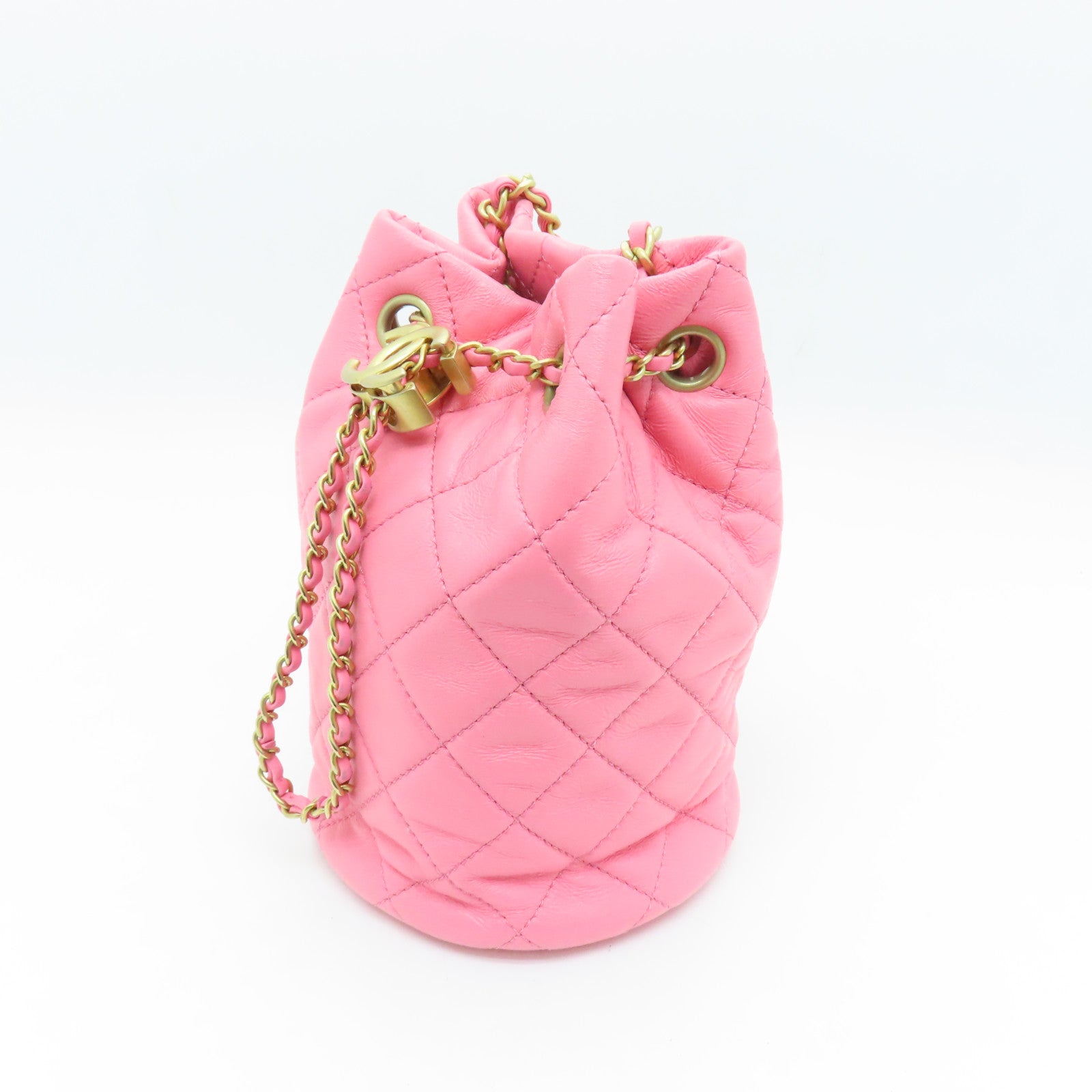 CHANEL 菱格牛皮皮革Mini Bucket金扣鏈帶肩背袋粉紅色