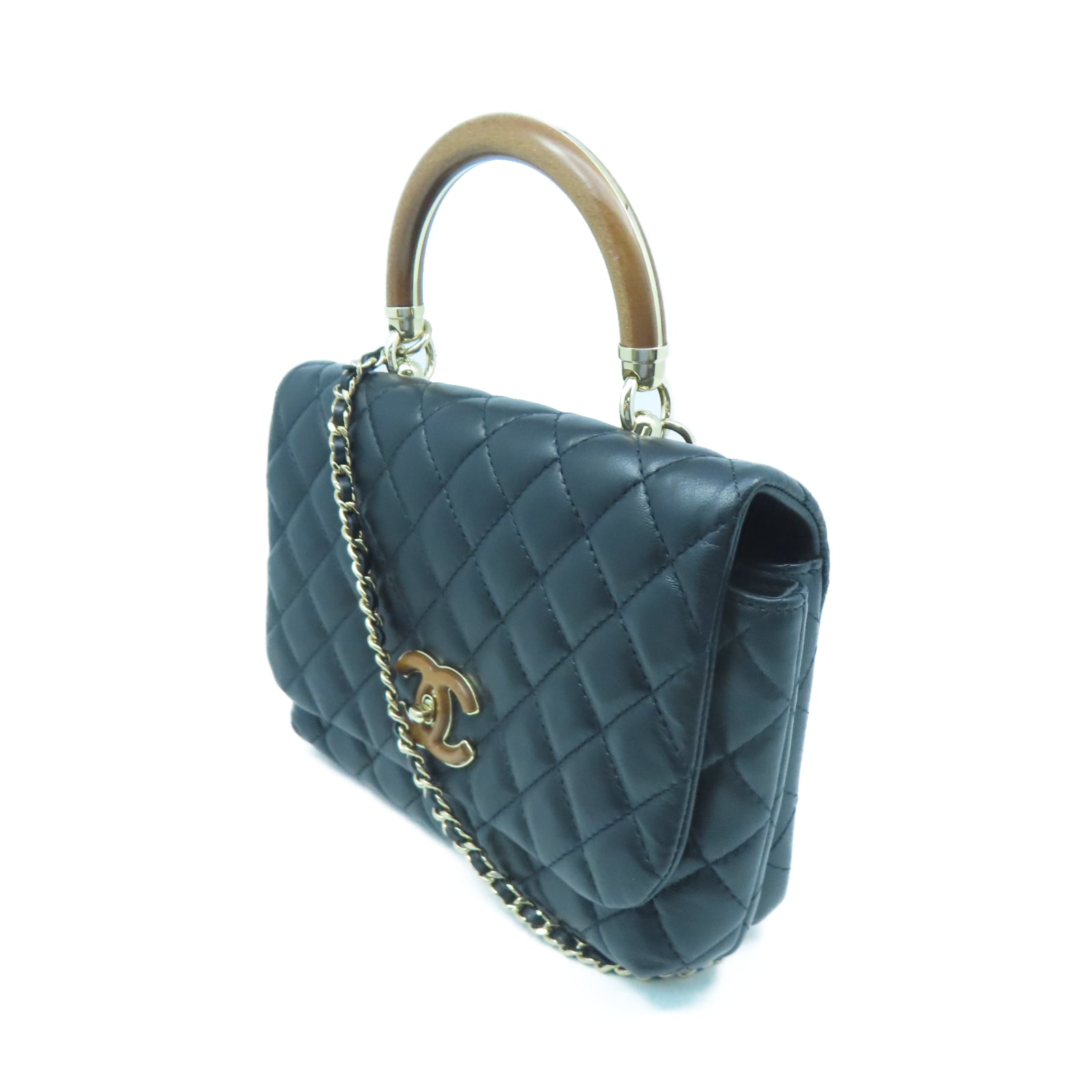 CHANEL 菱格羊皮皮革Chain Shoulder金扣鏈帶肩背袋黑色