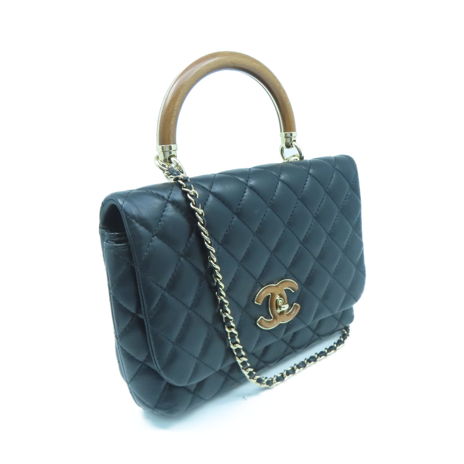 CHANEL 菱格羊皮皮革Chain Shoulder金扣鏈帶肩背袋黑色