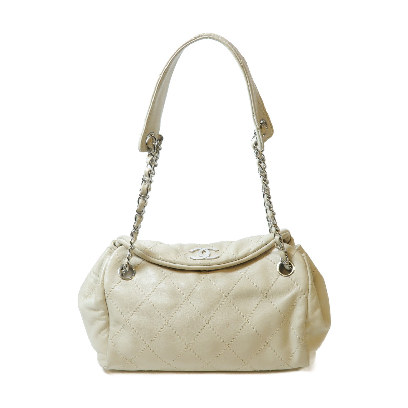CHANEL 菱格羊皮皮革Chain Shoulder銀扣鏈帶肩背袋米色