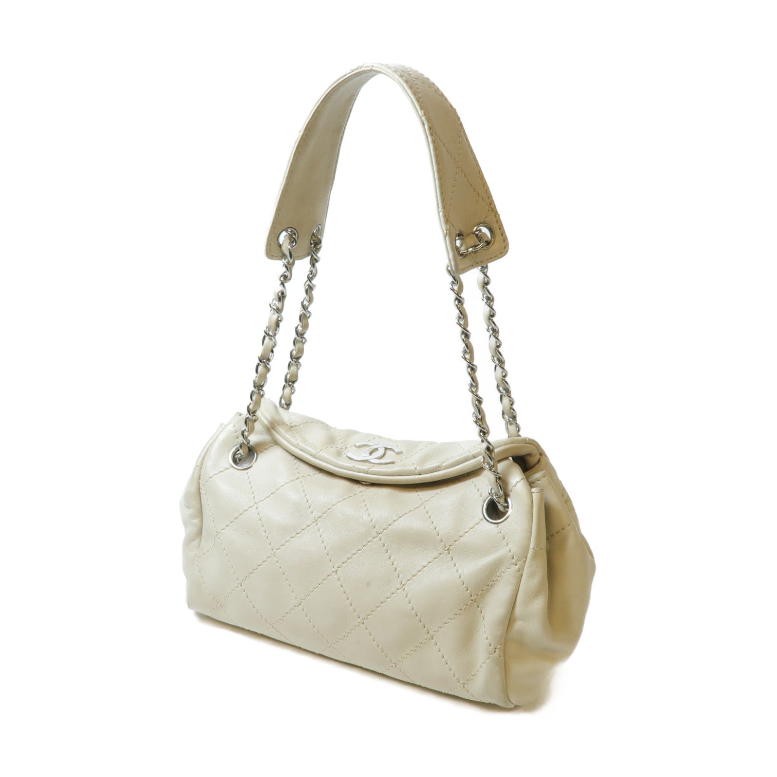 CHANEL 菱格羊皮皮革Chain Shoulder銀扣鏈帶肩背袋米色