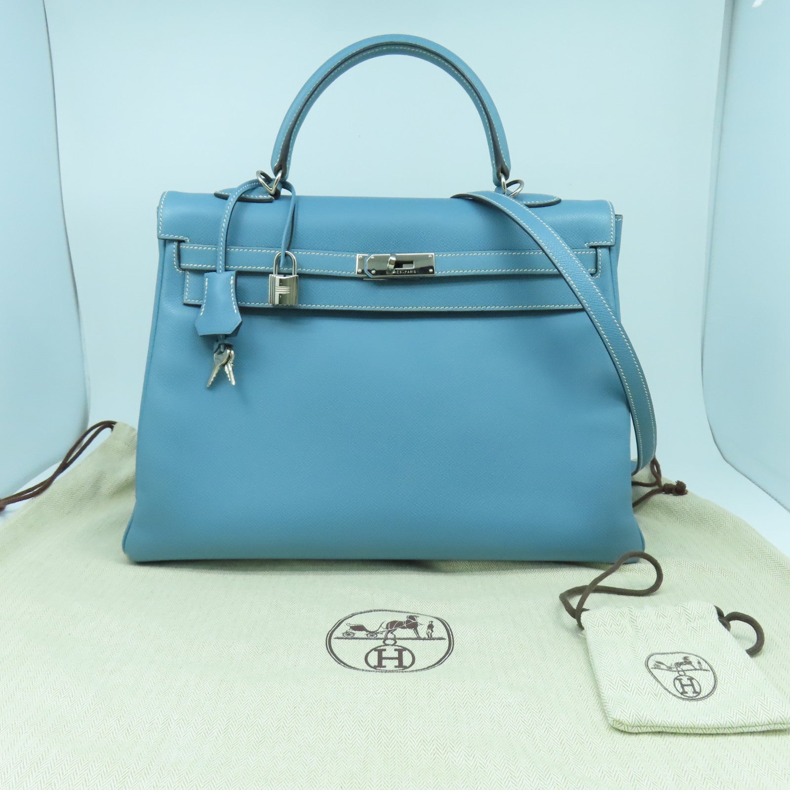 HERMES 【激減優惠】Epsom皮革Kelly 35銀扣手挽肩背兩用袋牛仔藍