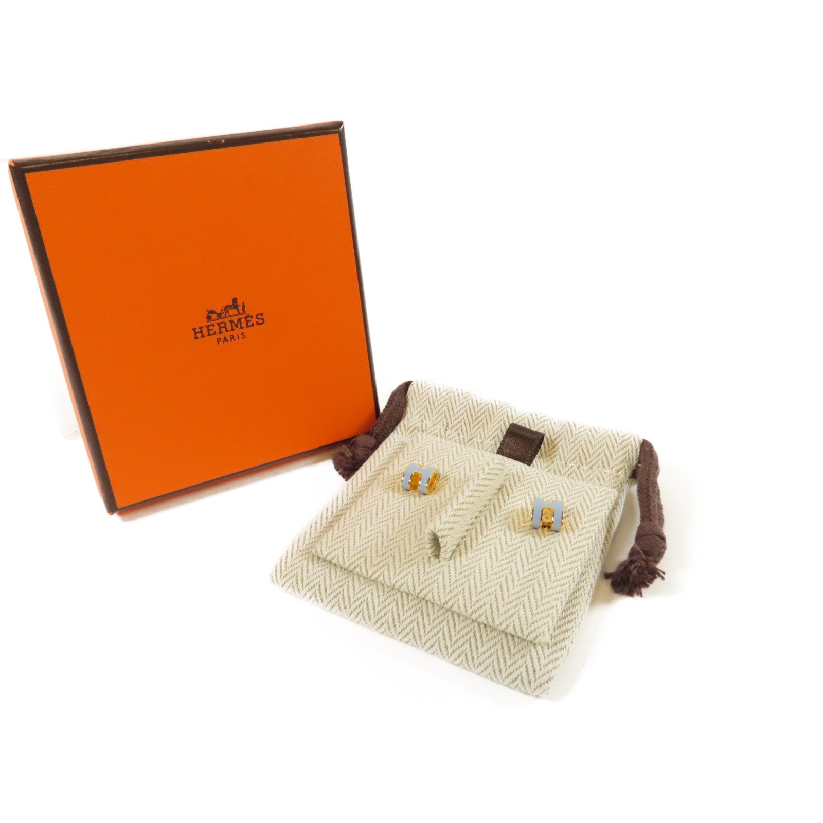 HERMES 金屬Mini Pop H Earrings耳環金色/淺藍色