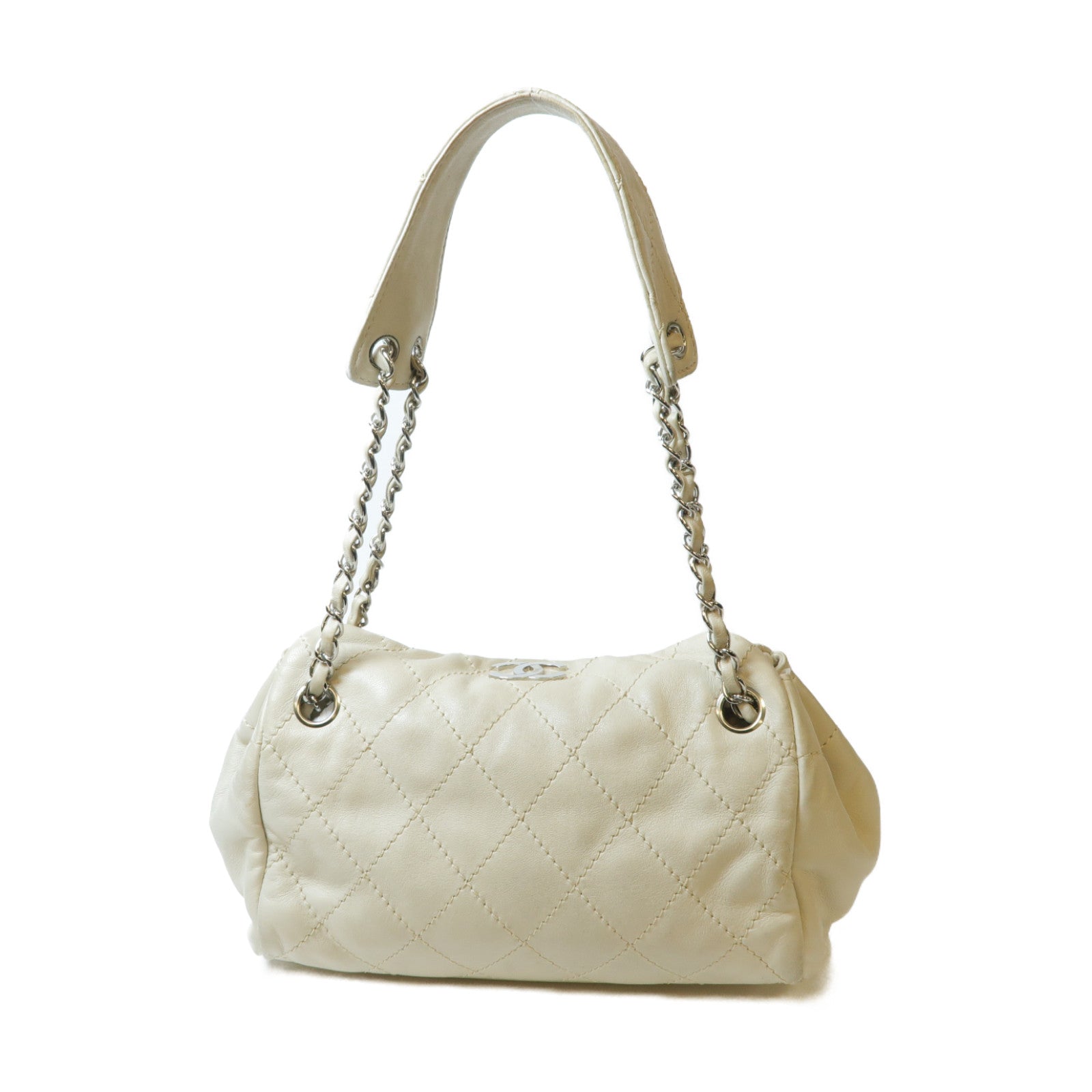CHANEL 菱格羊皮皮革Chain Shoulder銀扣鏈帶肩背袋米色
