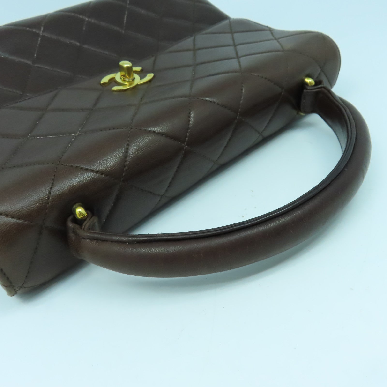 CHANEL 菱格羊皮皮革Handbag金扣手挽袋啡色