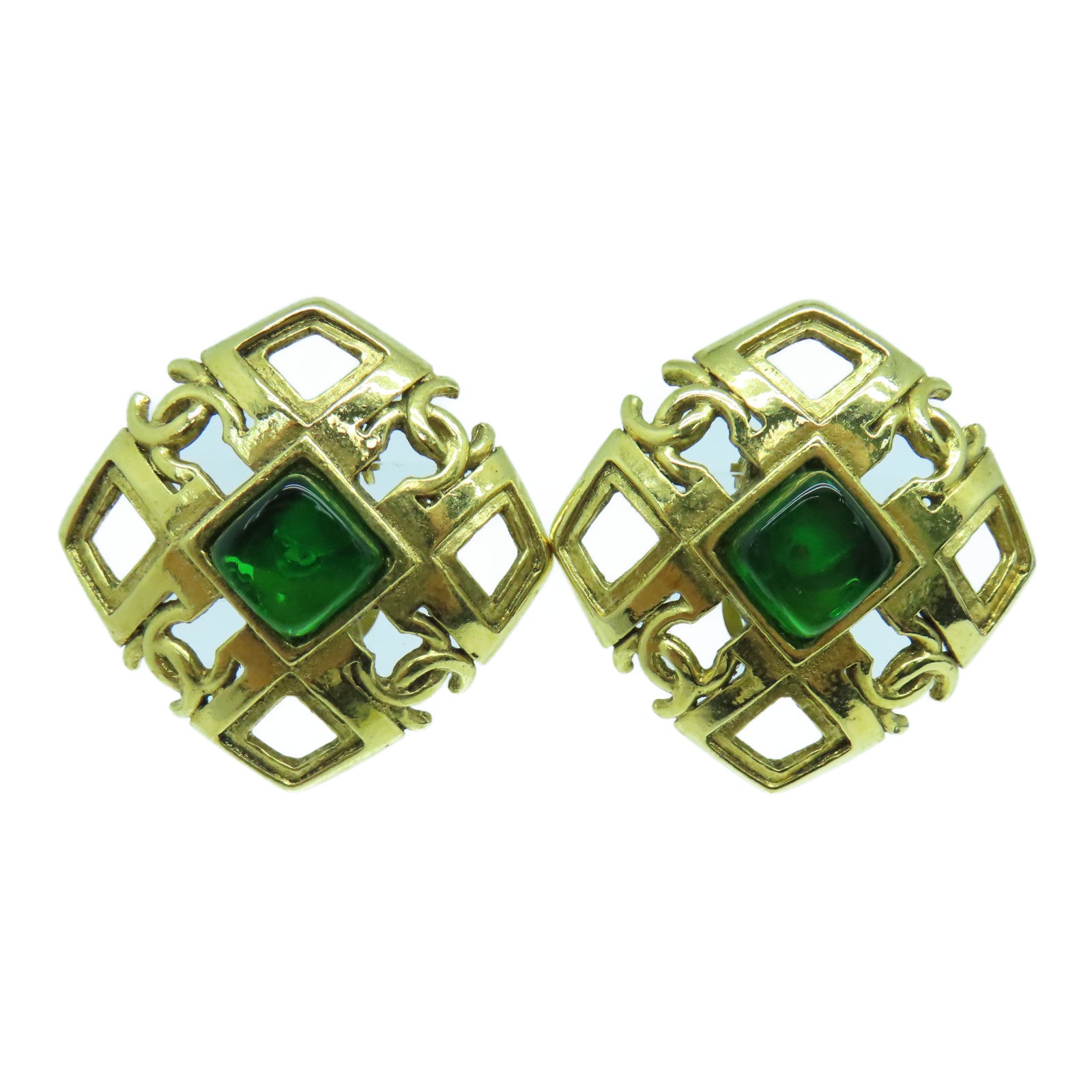 CHANEL Metal Vintage Clip Earring Gold/Green