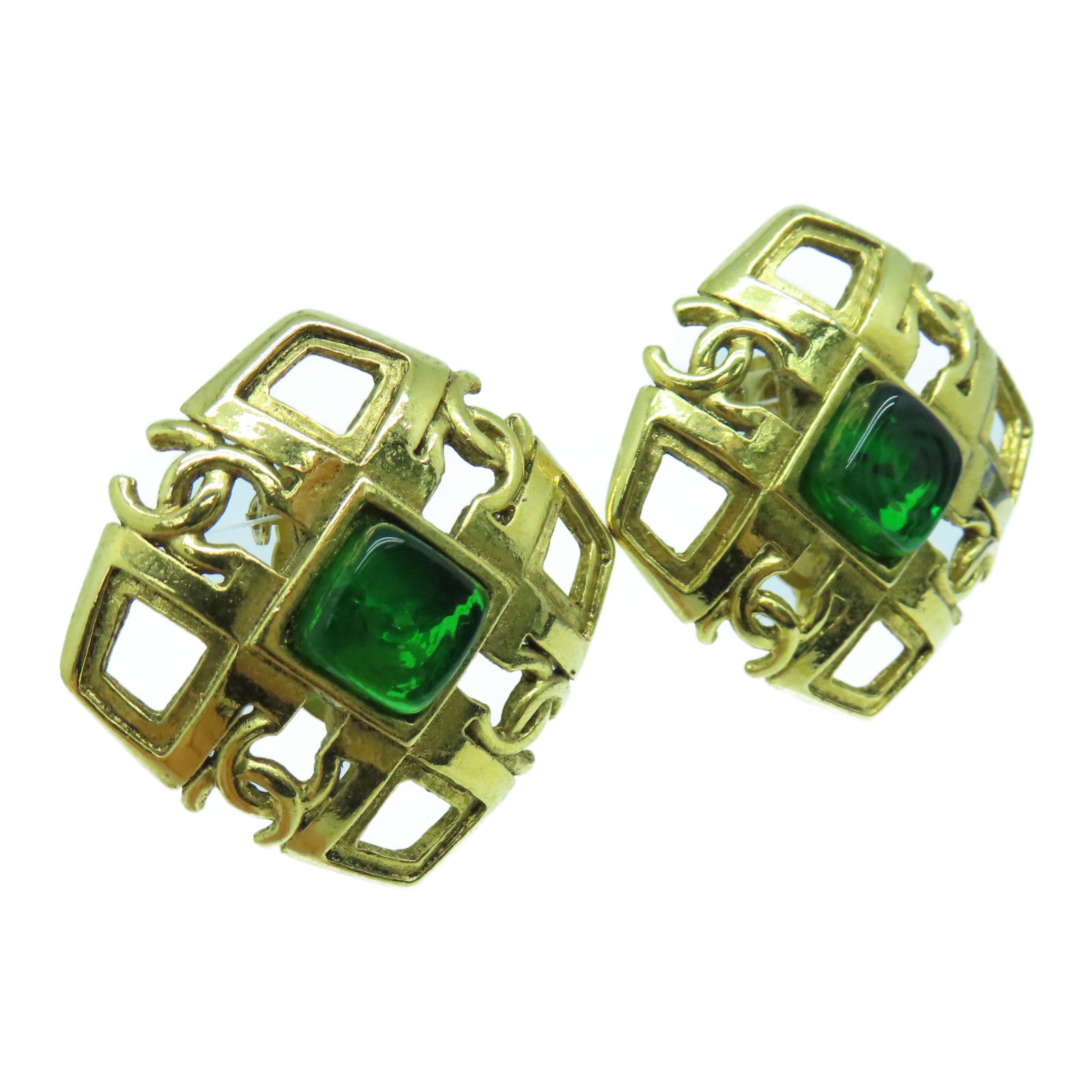 CHANEL Metal Vintage Clip Earring Gold/Green
