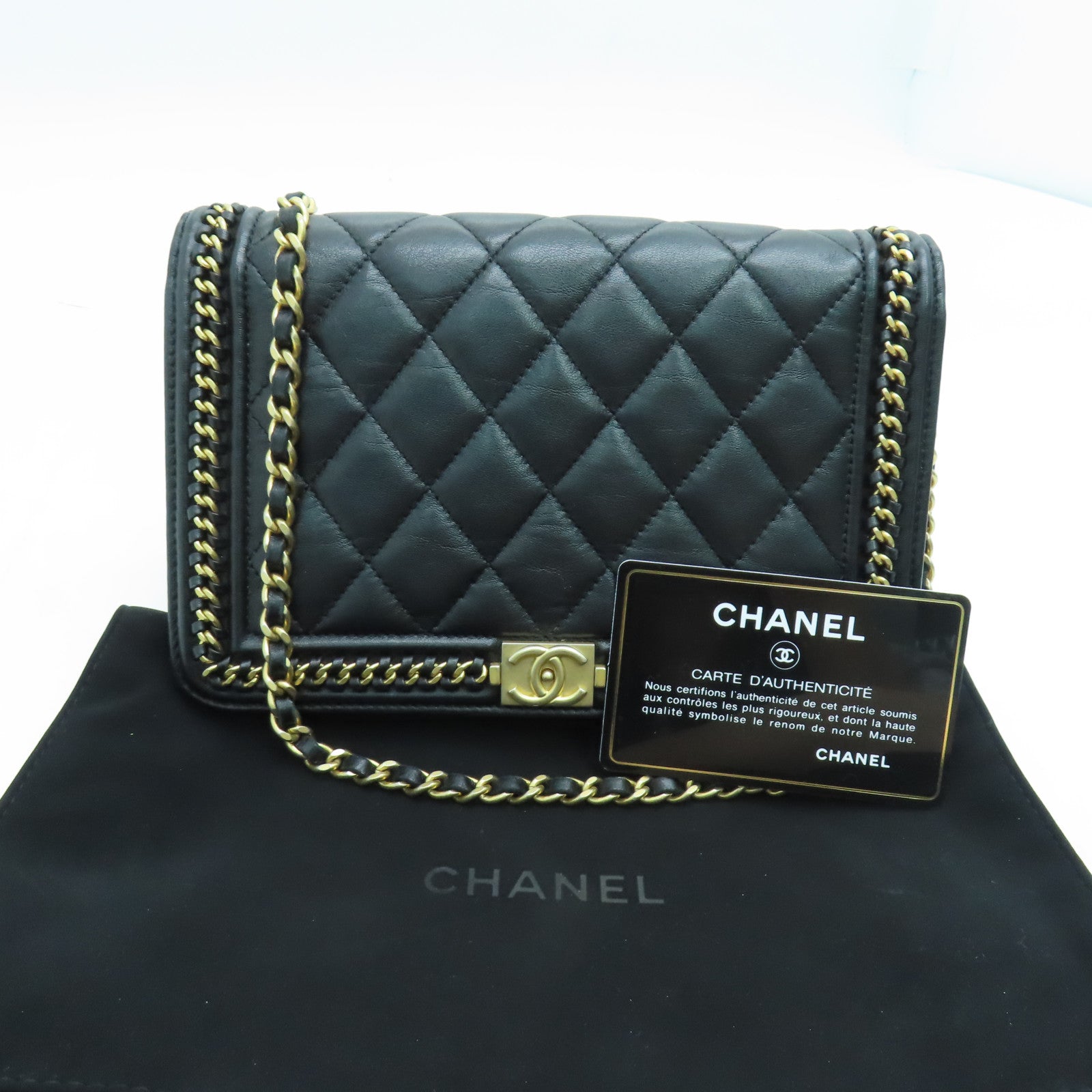 CHANEL 菱格牛皮皮革Wallet on chain链带肩背袋金扣黑色