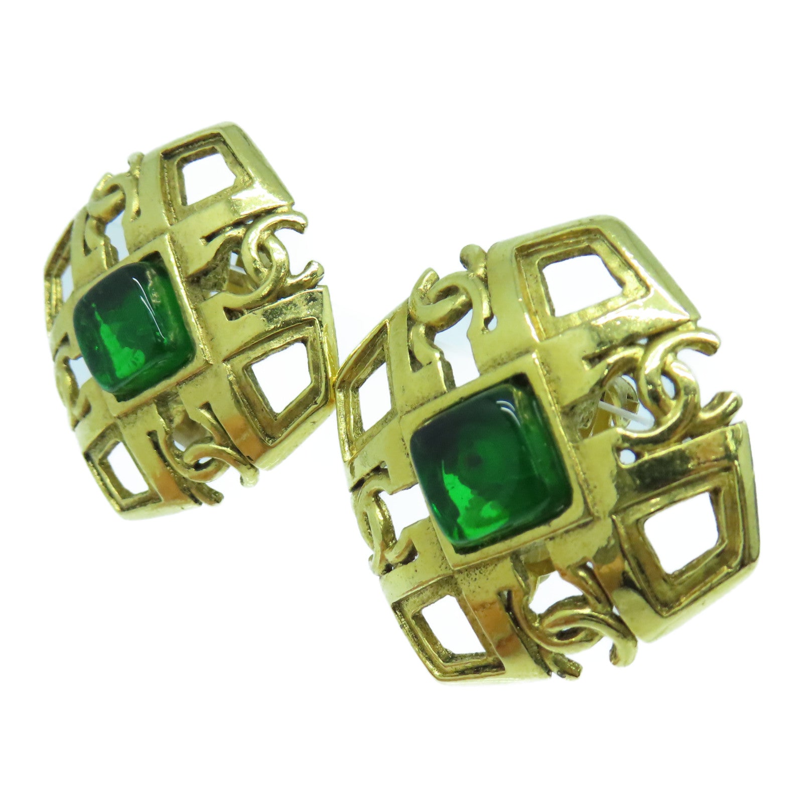 CHANEL Metal Vintage Clip Earring Gold/Green