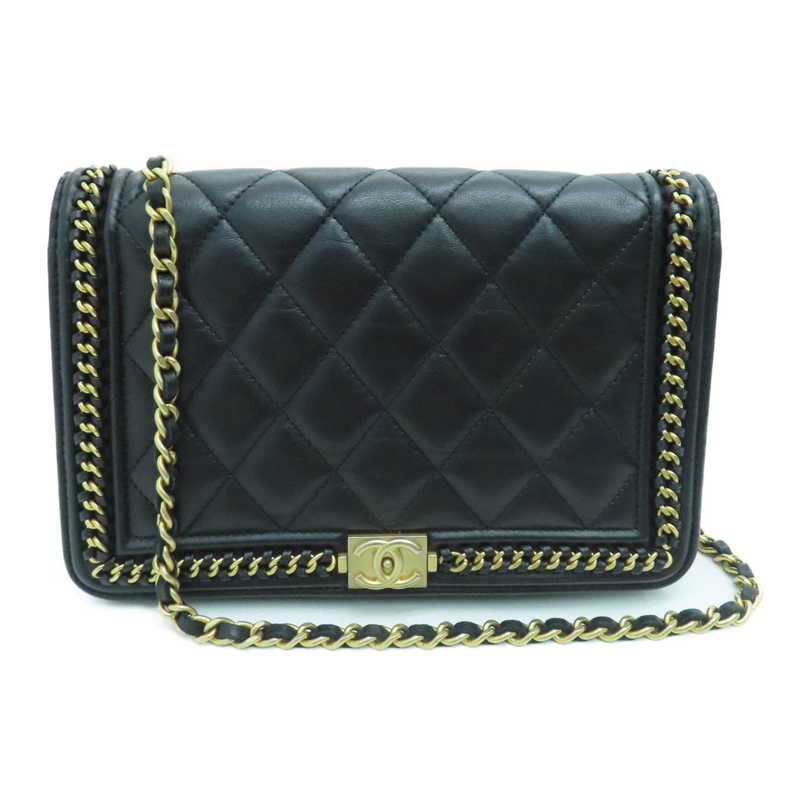 CHANEL 菱格牛皮皮革Wallet on chain链带肩背袋金扣黑色