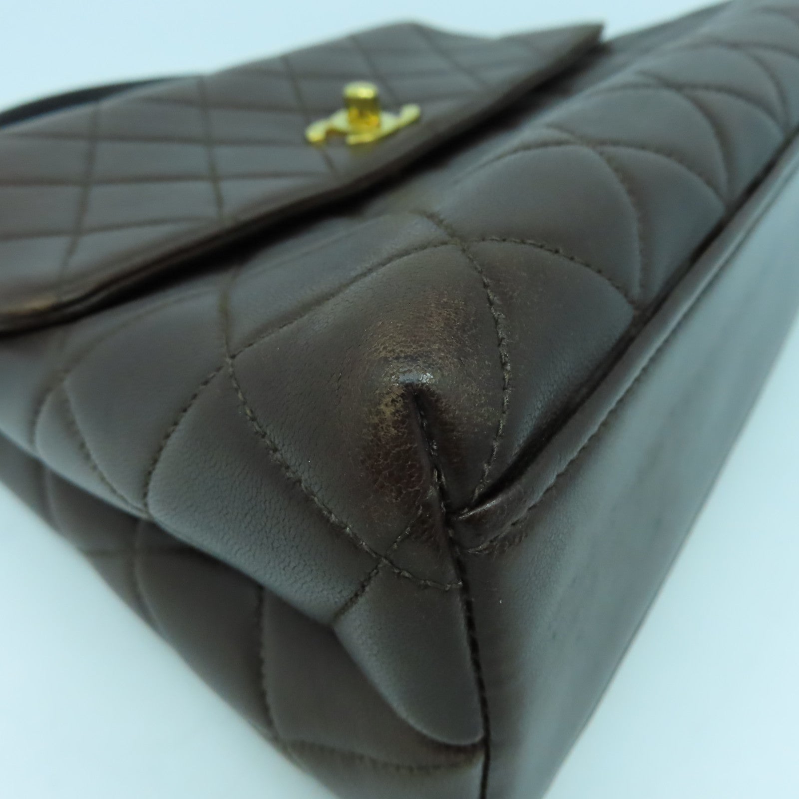 CHANEL 菱格羊皮皮革Handbag金扣手挽袋啡色