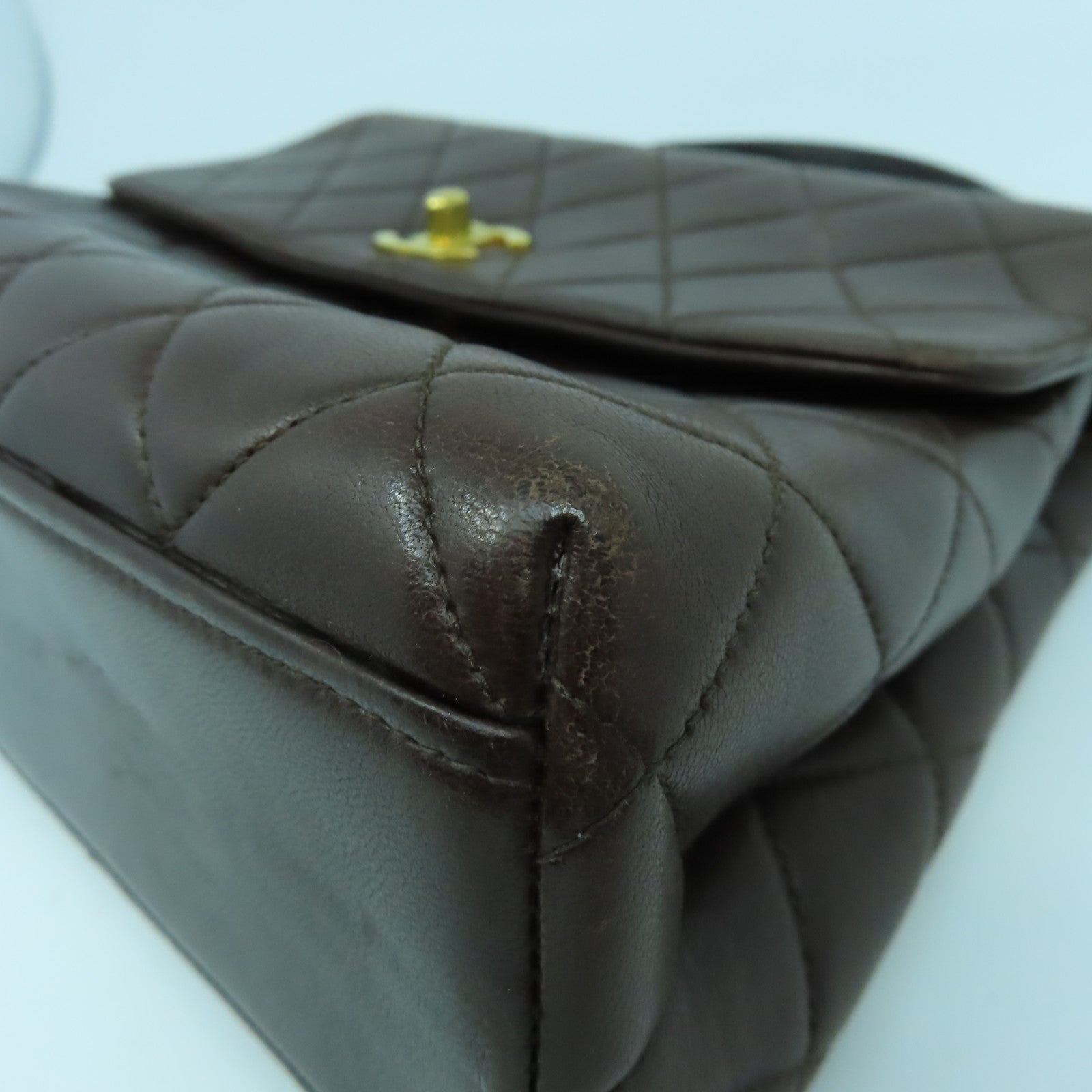 CHANEL 菱格羊皮皮革Handbag金扣手挽袋啡色