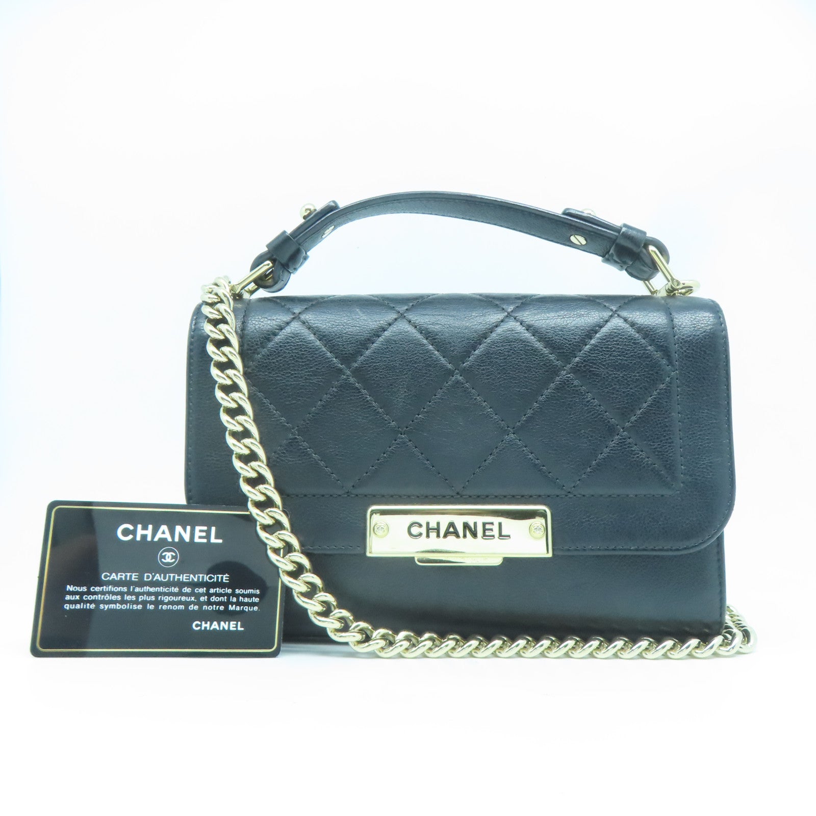 CHANEL 菱格牛皮皮革2WayShoulderBag金扣手挽肩背兩用袋黑色