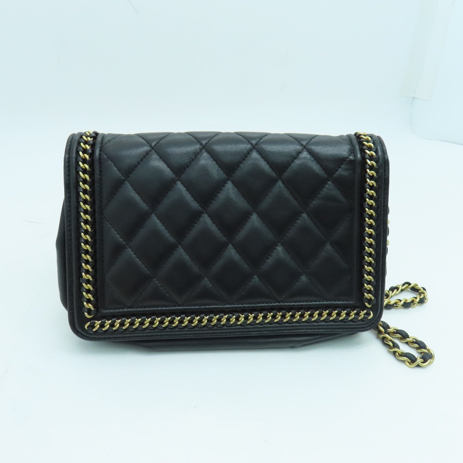 CHANEL 菱格牛皮皮革Wallet on chain链带肩背袋金扣黑色