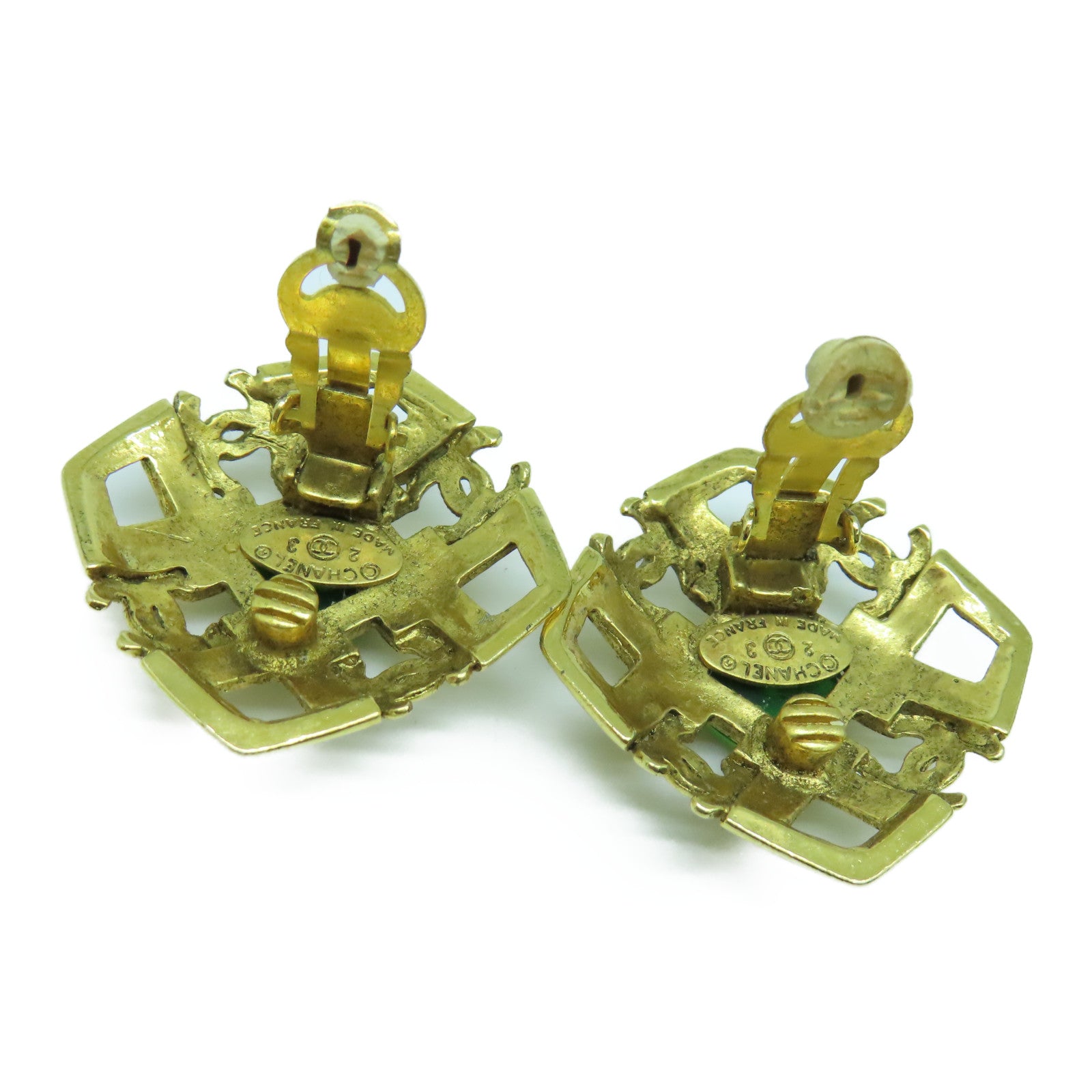 CHANEL Metal Vintage Clip Earring Gold/Green