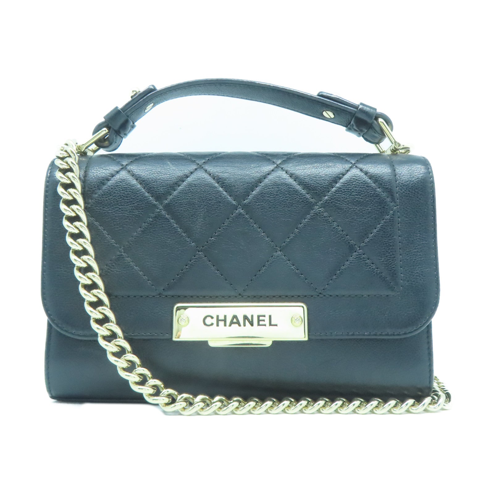 CHANEL 菱格牛皮皮革2WayShoulderBag金扣手挽肩背兩用袋黑色