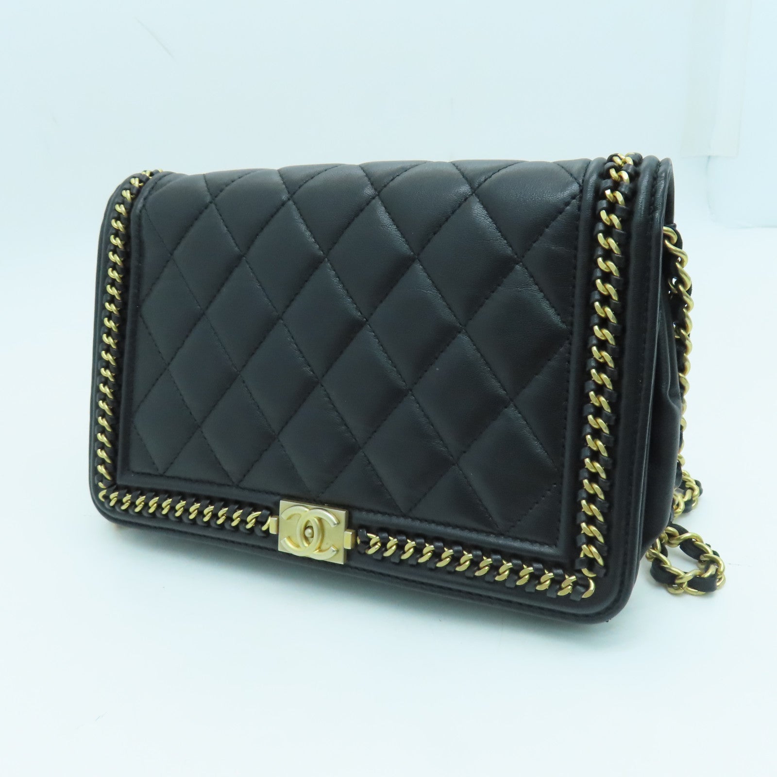 CHANEL 菱格牛皮皮革Wallet on chain链带肩背袋金扣黑色