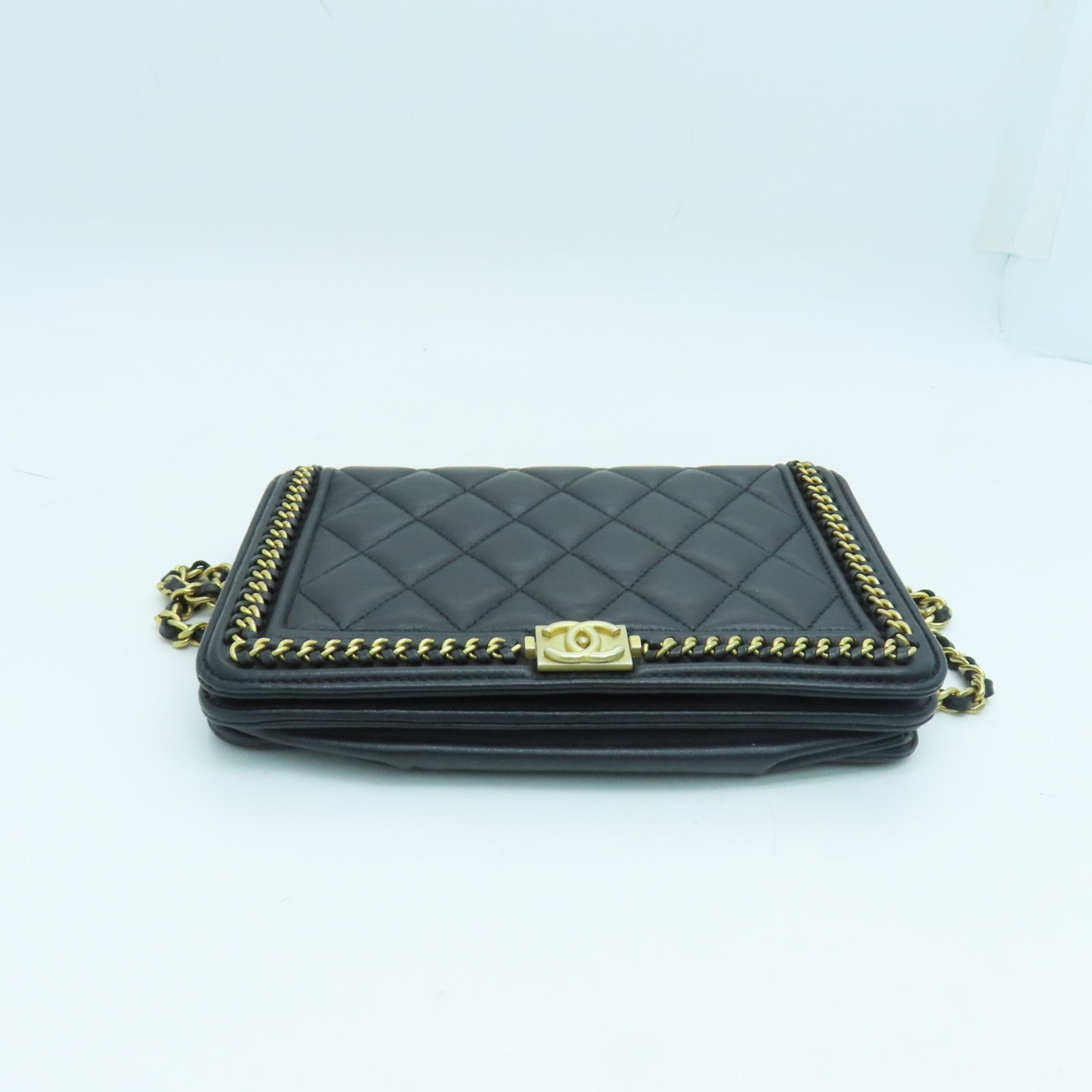 CHANEL 菱格牛皮皮革Wallet on chain链带肩背袋金扣黑色