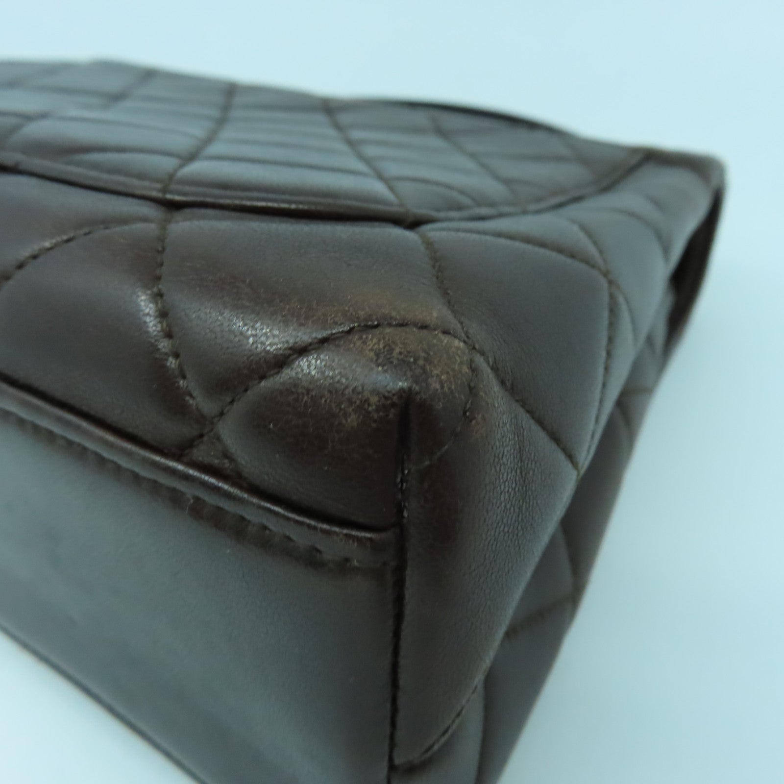 CHANEL 菱格羊皮皮革Handbag金扣手挽袋啡色