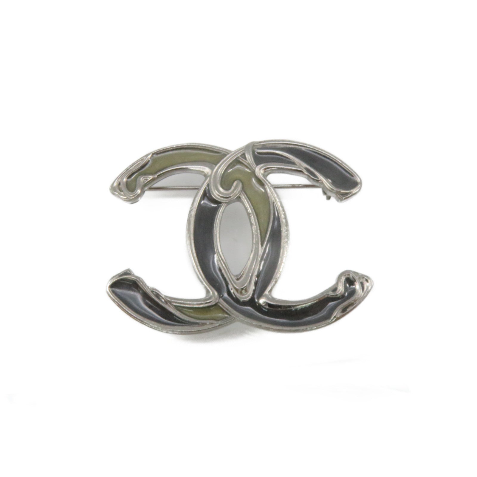 CHANEL 金屬CC Brooch胸針黑色/軍綠色