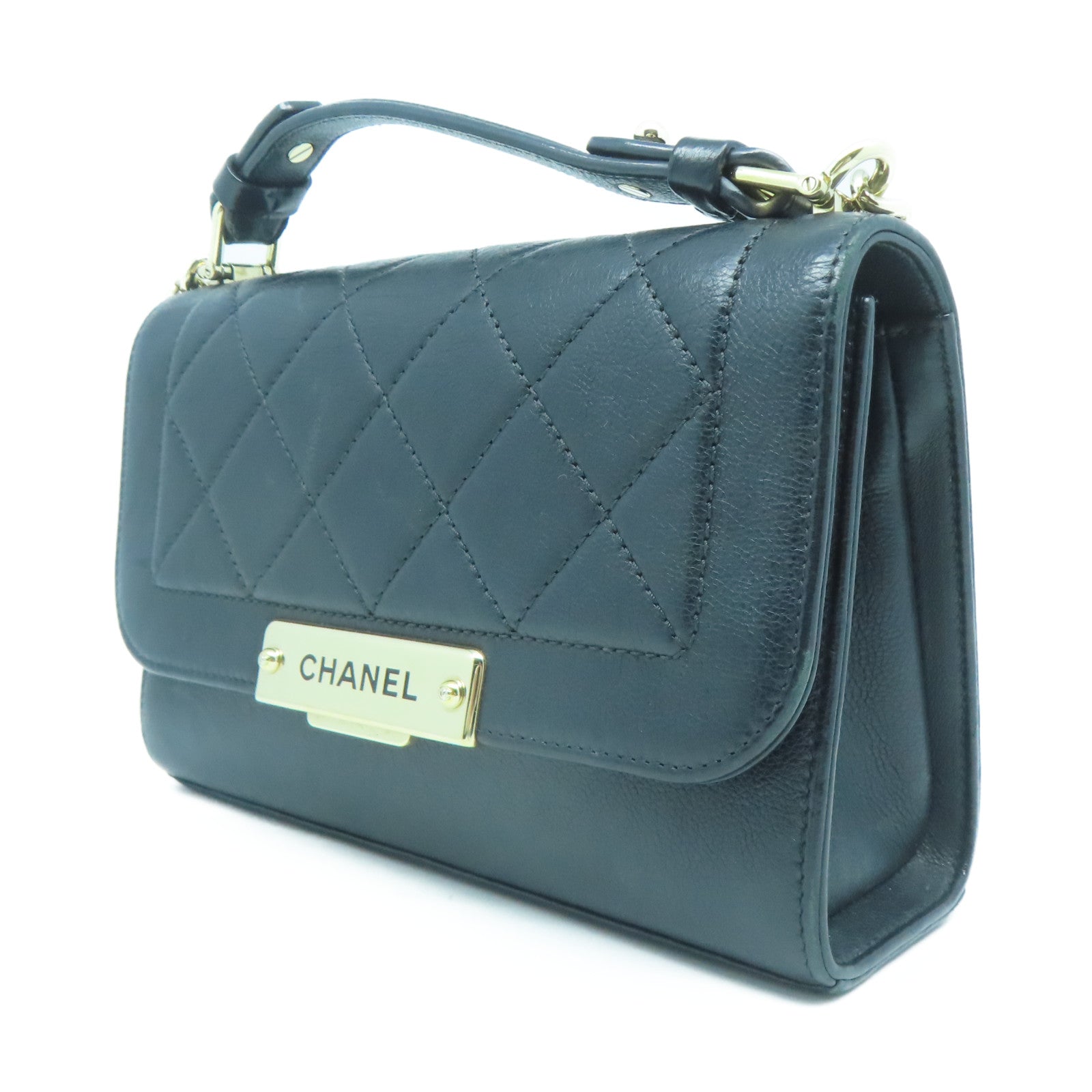 CHANEL 菱格牛皮皮革2WayShoulderBag金扣手挽肩背兩用袋黑色