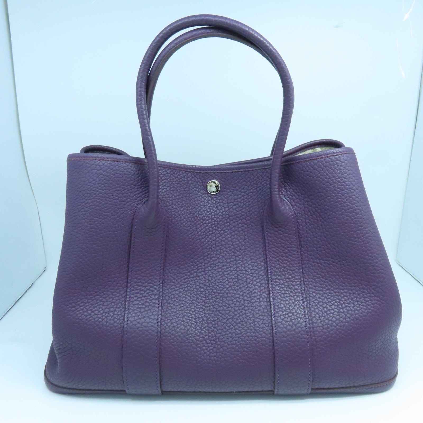 HERMES Clemence皮革Garden Party PM銀扣手挽袋海葵紫色