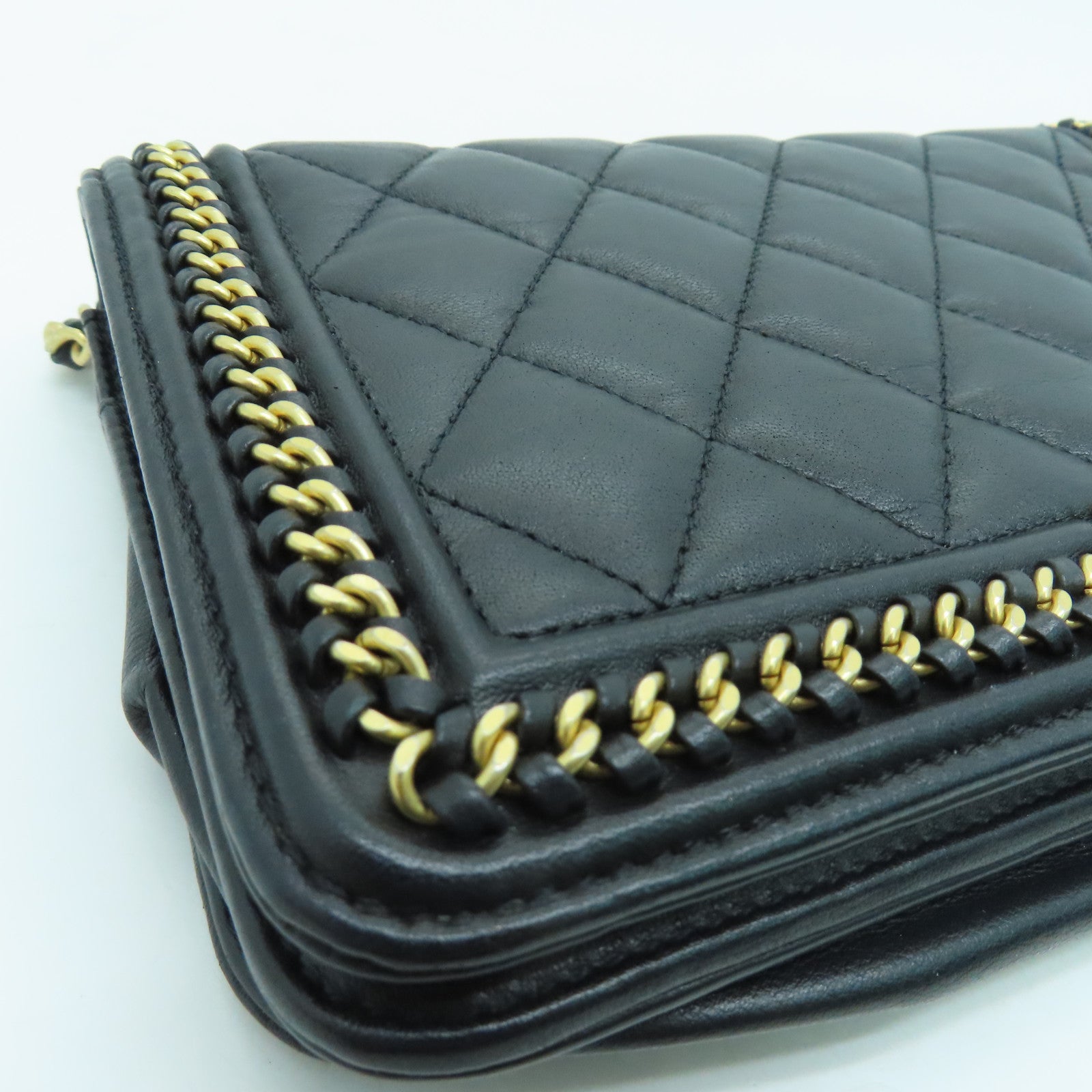 CHANEL 菱格牛皮皮革Wallet on chain链带肩背袋金扣黑色