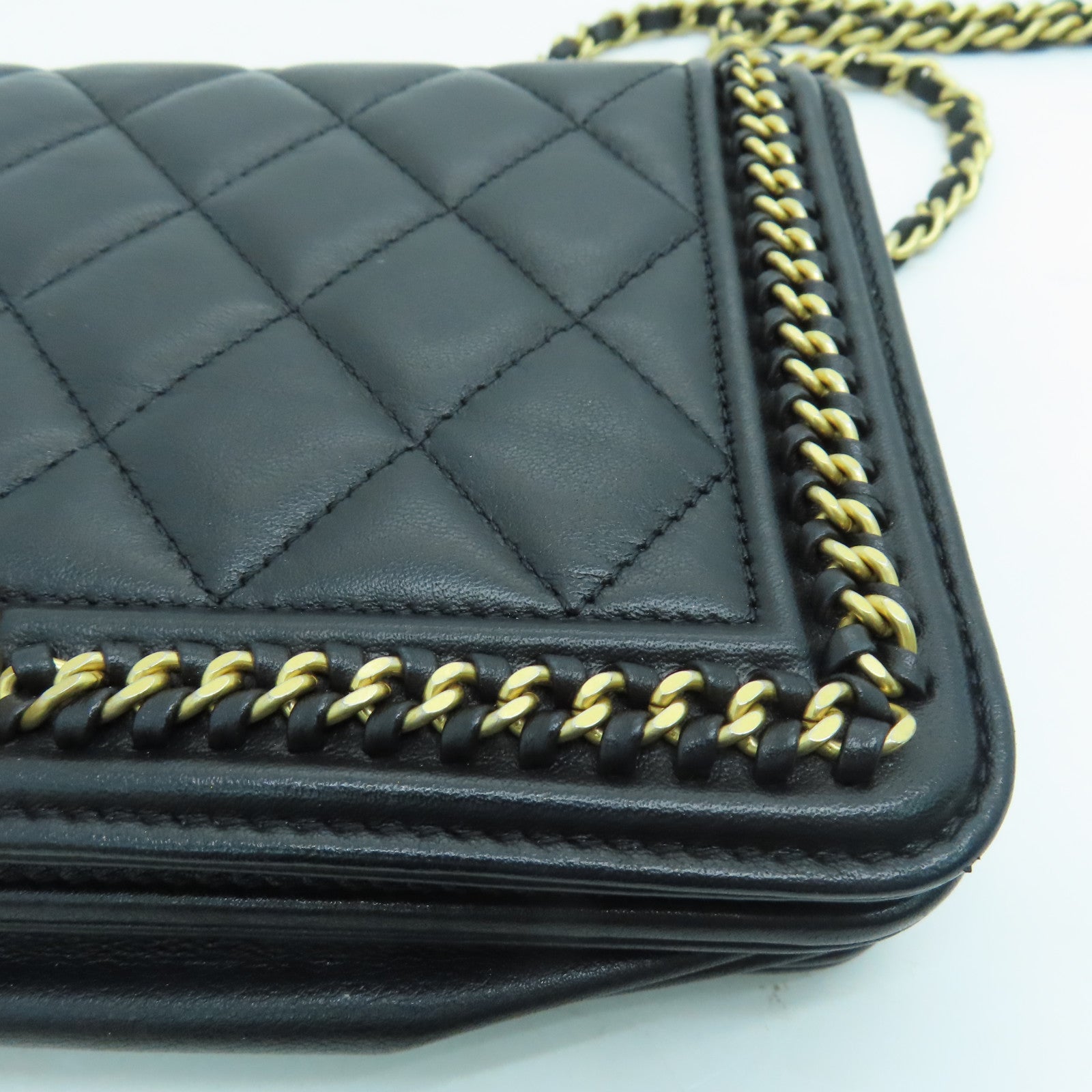 CHANEL 菱格牛皮皮革Wallet on chain链带肩背袋金扣黑色