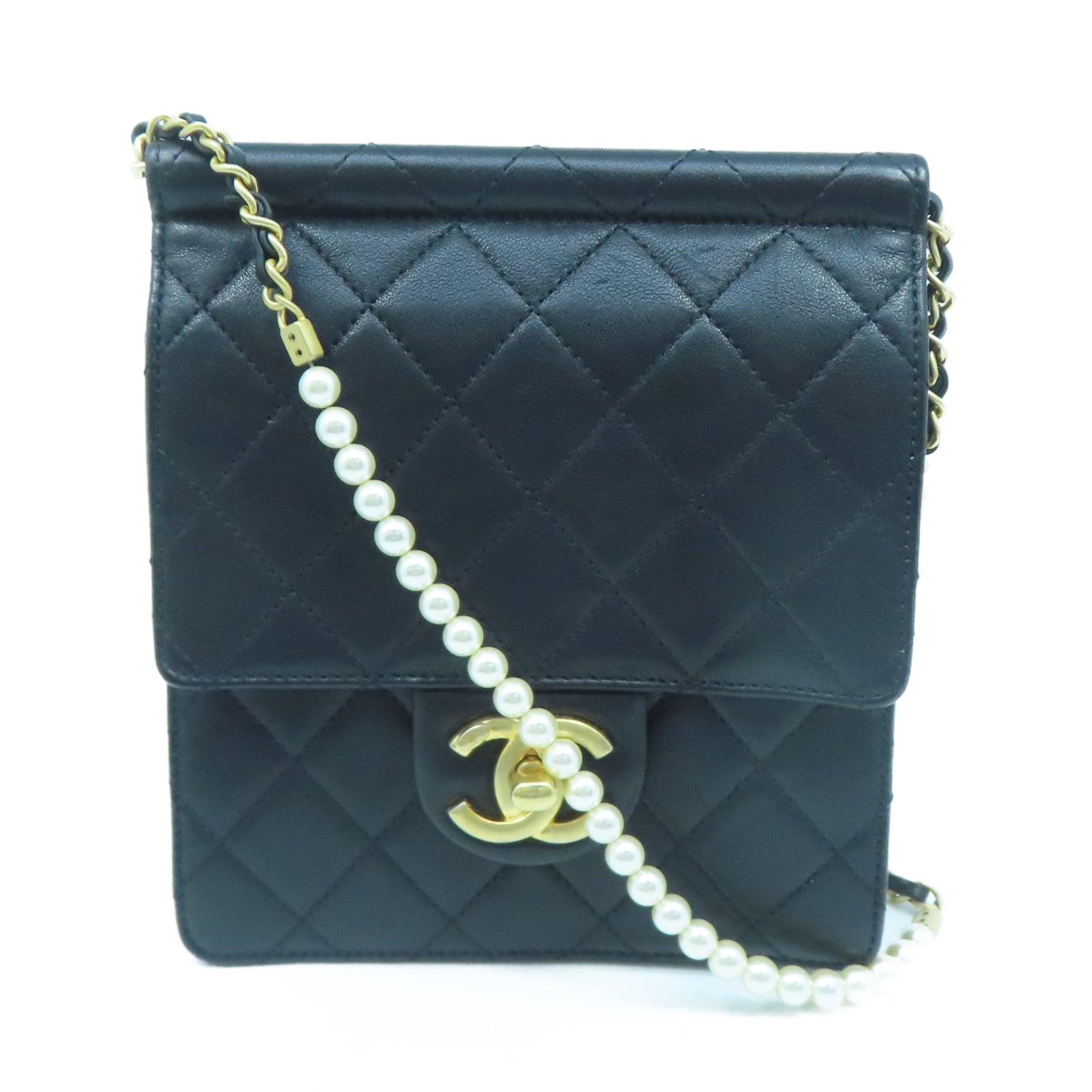 CHANEL 菱格牛皮皮革Chain Shoulder金扣鏈帶肩背袋黑色