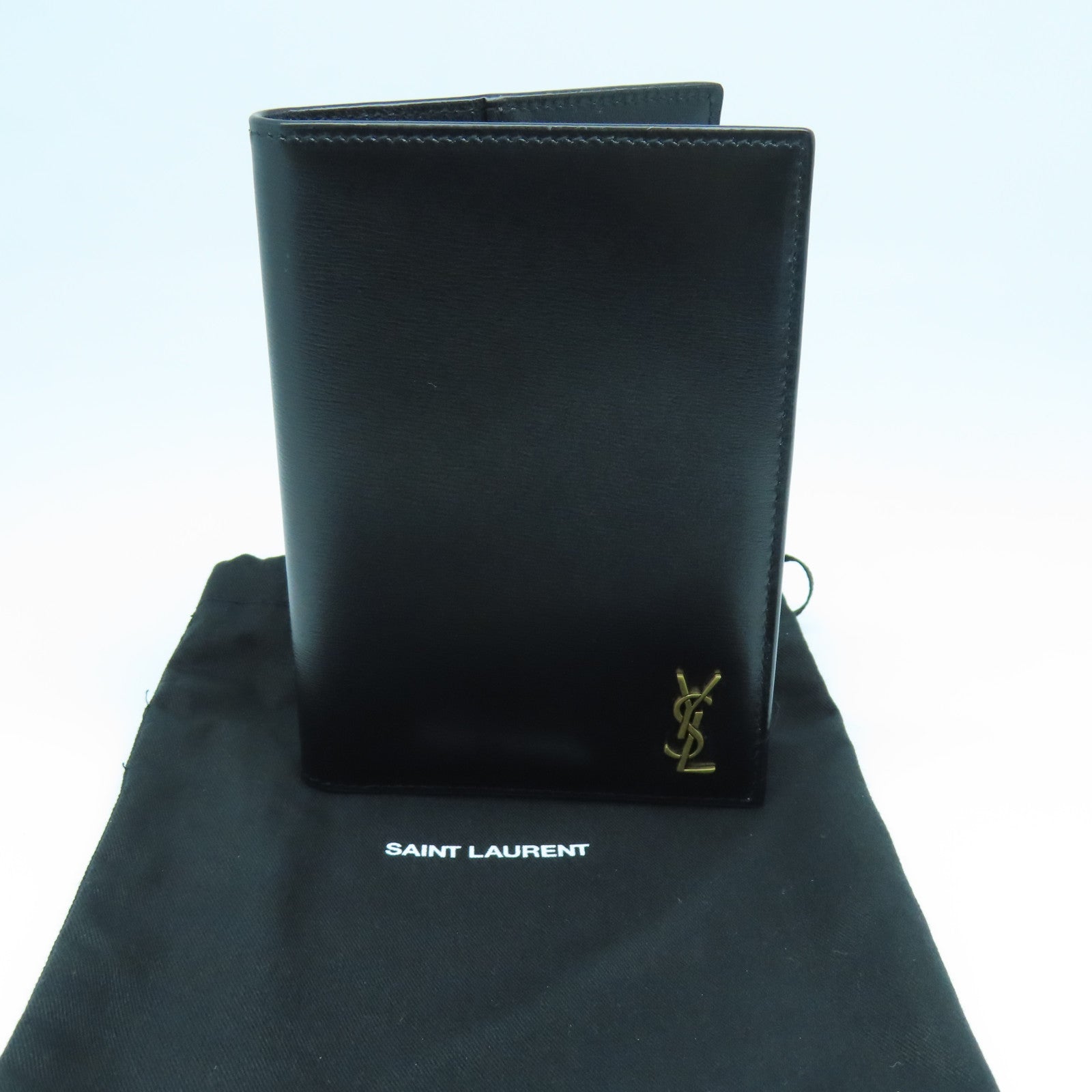 SAINT LAURENT Calfskin Leather Wallet Gold Buckle Wallet Black